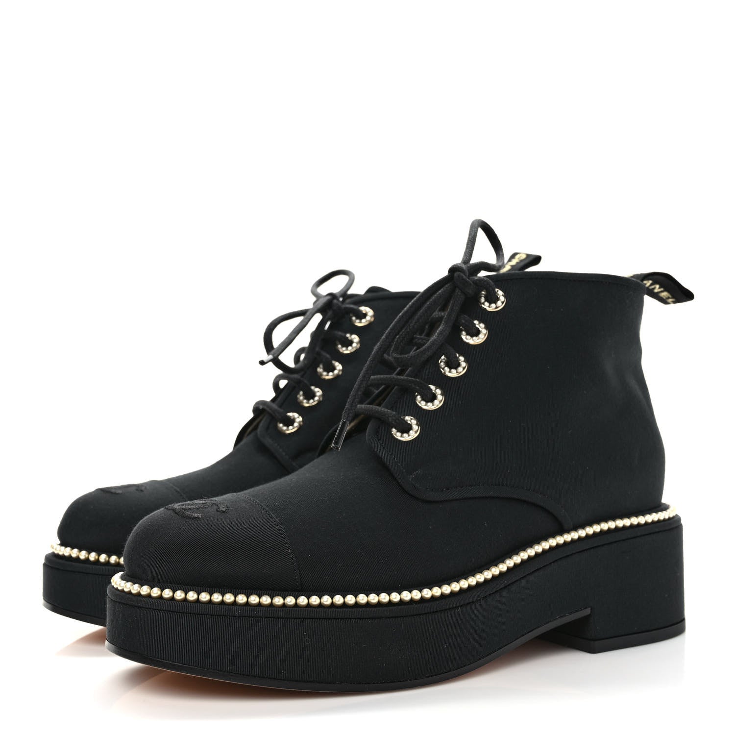Chanel Grosgrain Pearl Lace Up CC Short Boots 40 Black 3 of 8