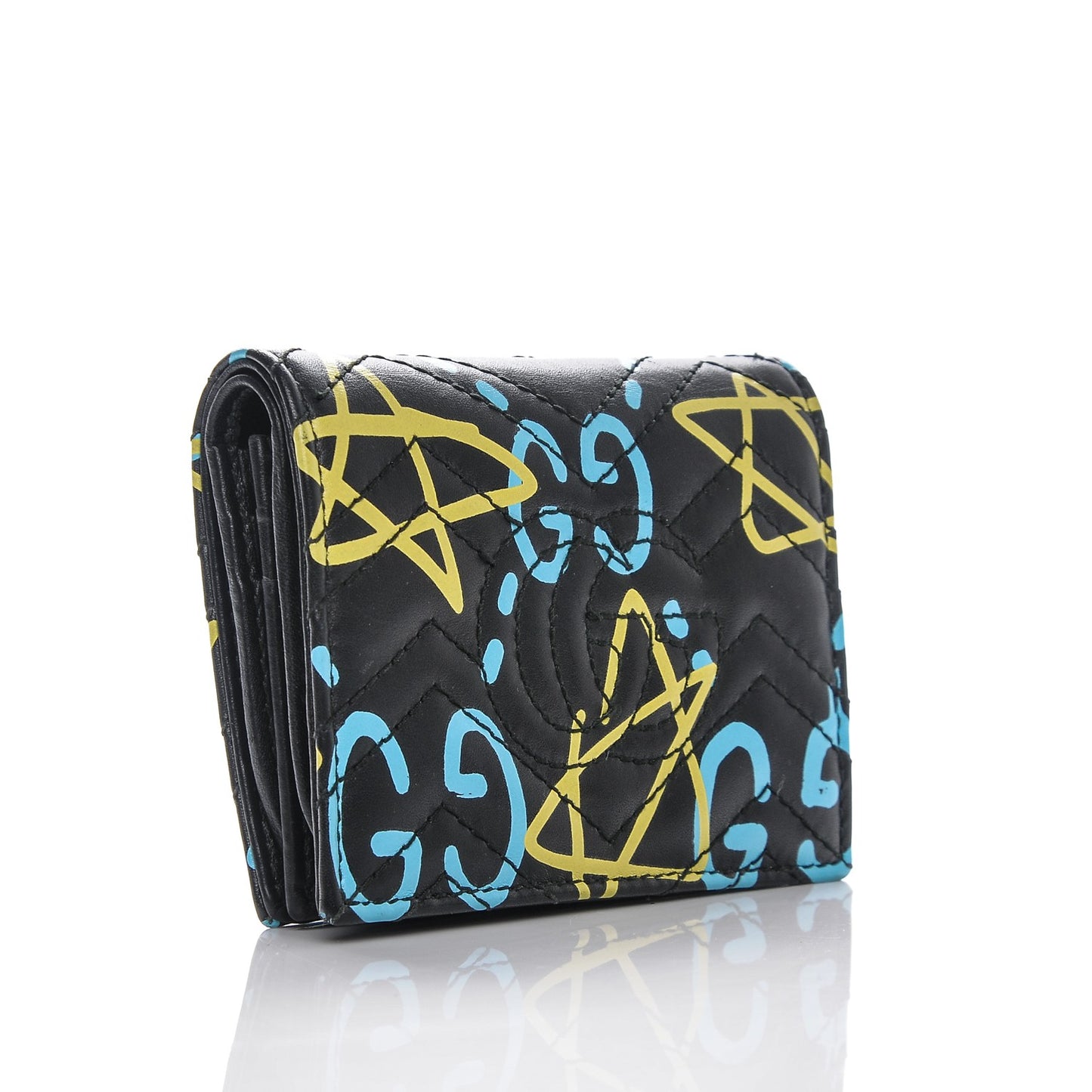 Calfskin Matelasse GucciGhost GG Marmont Card Case Wallet Black New Acquamarine