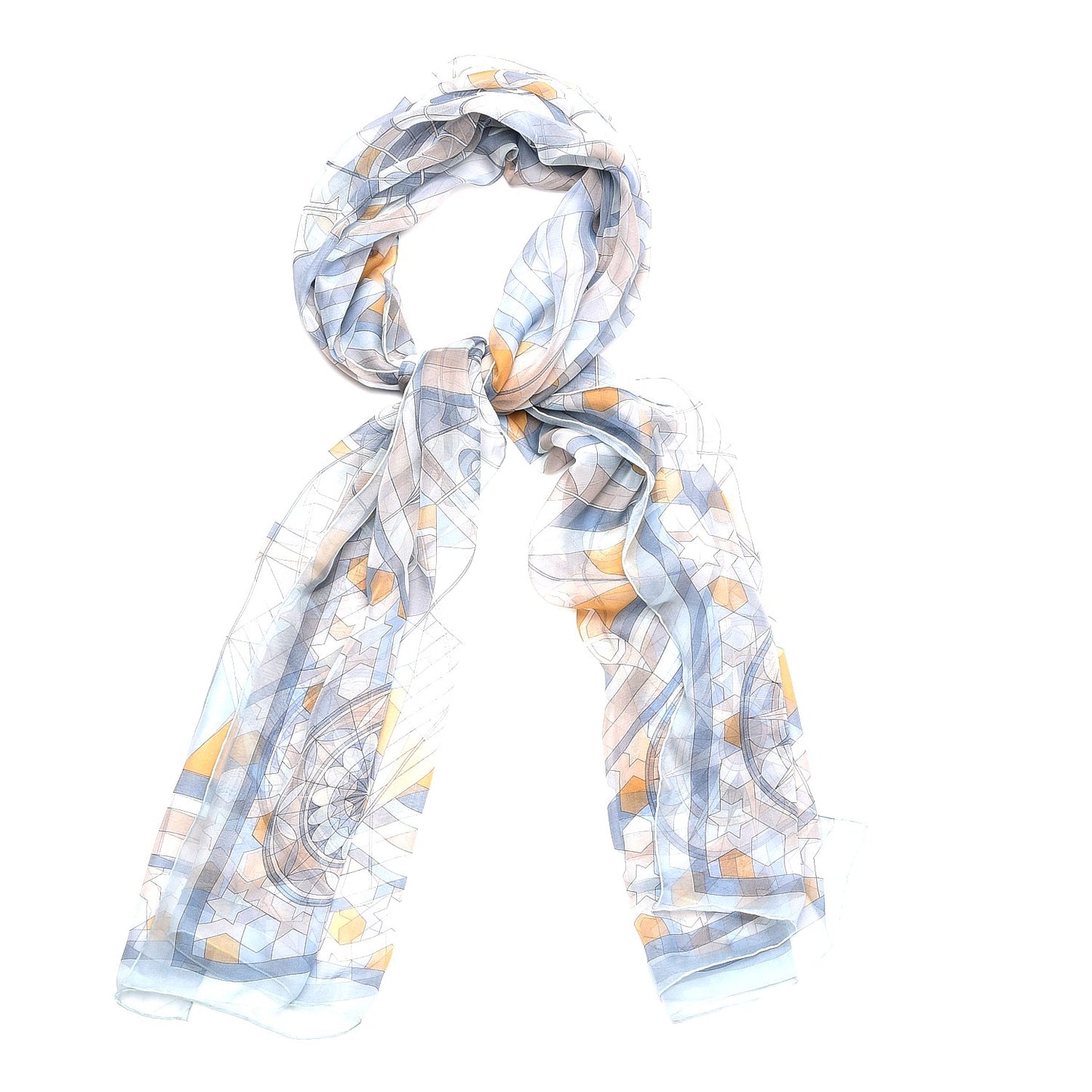 Mousseline Silk Rose De Compas Stole Scarf Bleu Glacier Beige Gris