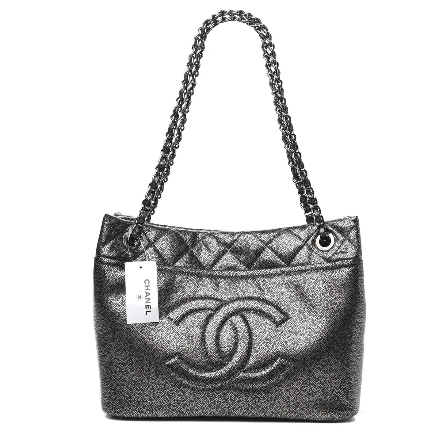 Metallic Caviar Quilted CC Timeless Tote Dark Silver