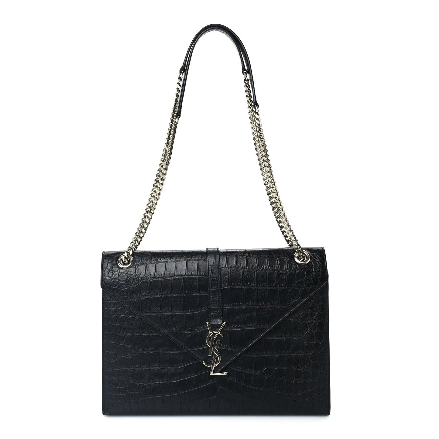 Calfskin Crocodile Embossed Monogram Large Satchel  Black
