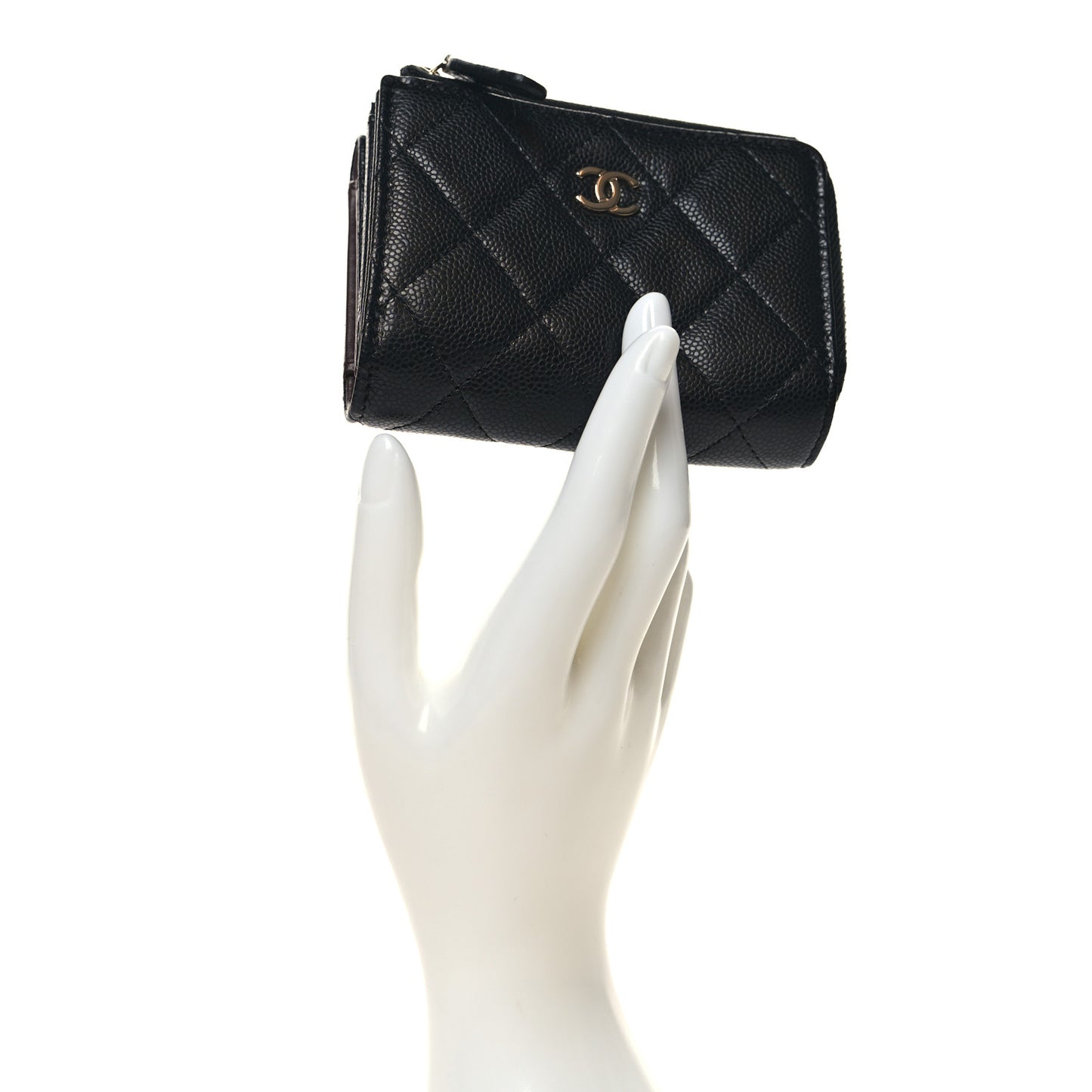 Caviar Quilted CC Zip Compact Trifold Wallet Black