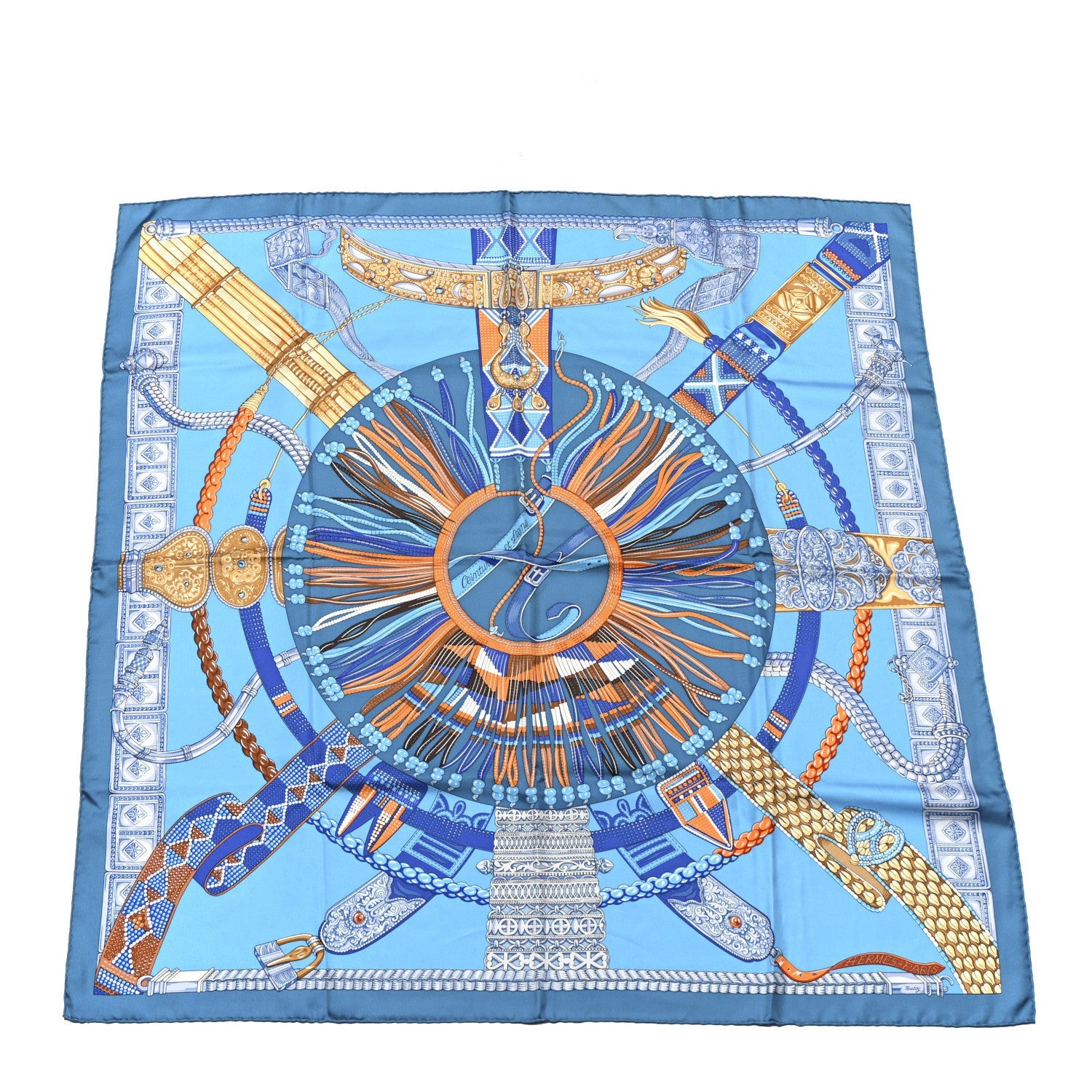 Hermes Silk Ceintures et Liens Scarf 90 Blue Orange 1 of 5