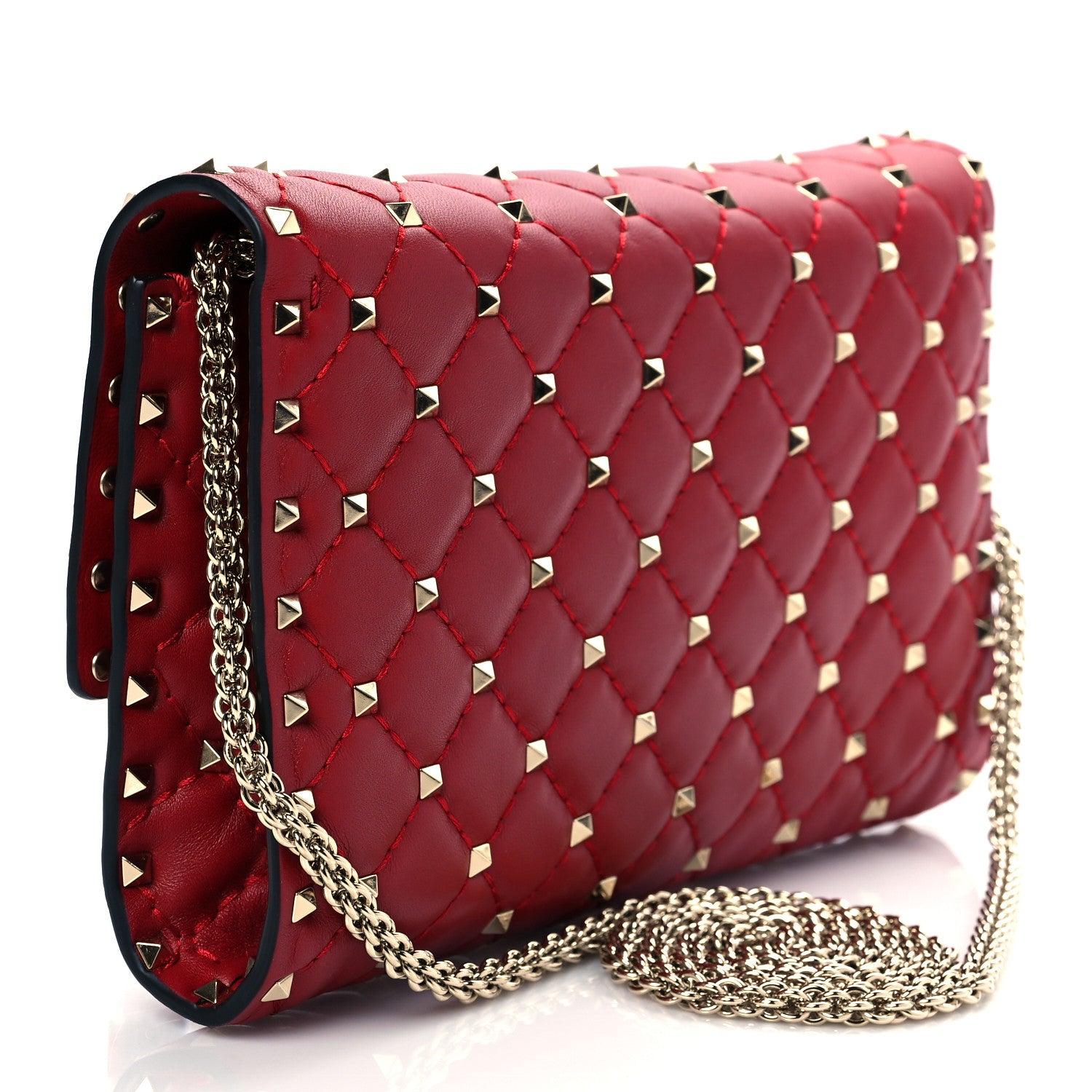 Valentino Garavani Lambskin Rockstud Spike Wallet on Chain Red 3 of 9