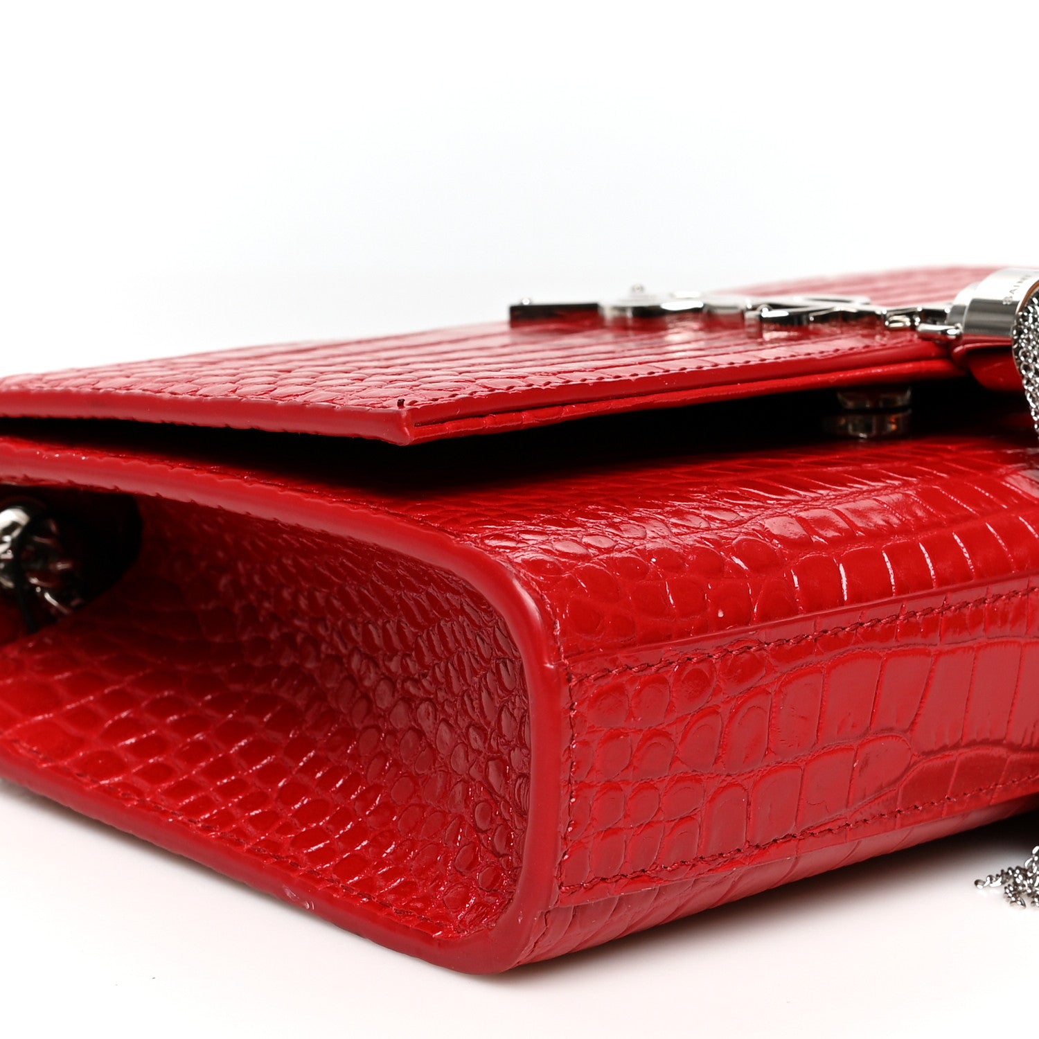 Saint Laurent Calfskin Crocodile Embossed Medium Classic Monogram Kate Tassel Satchel Red 8 of 9