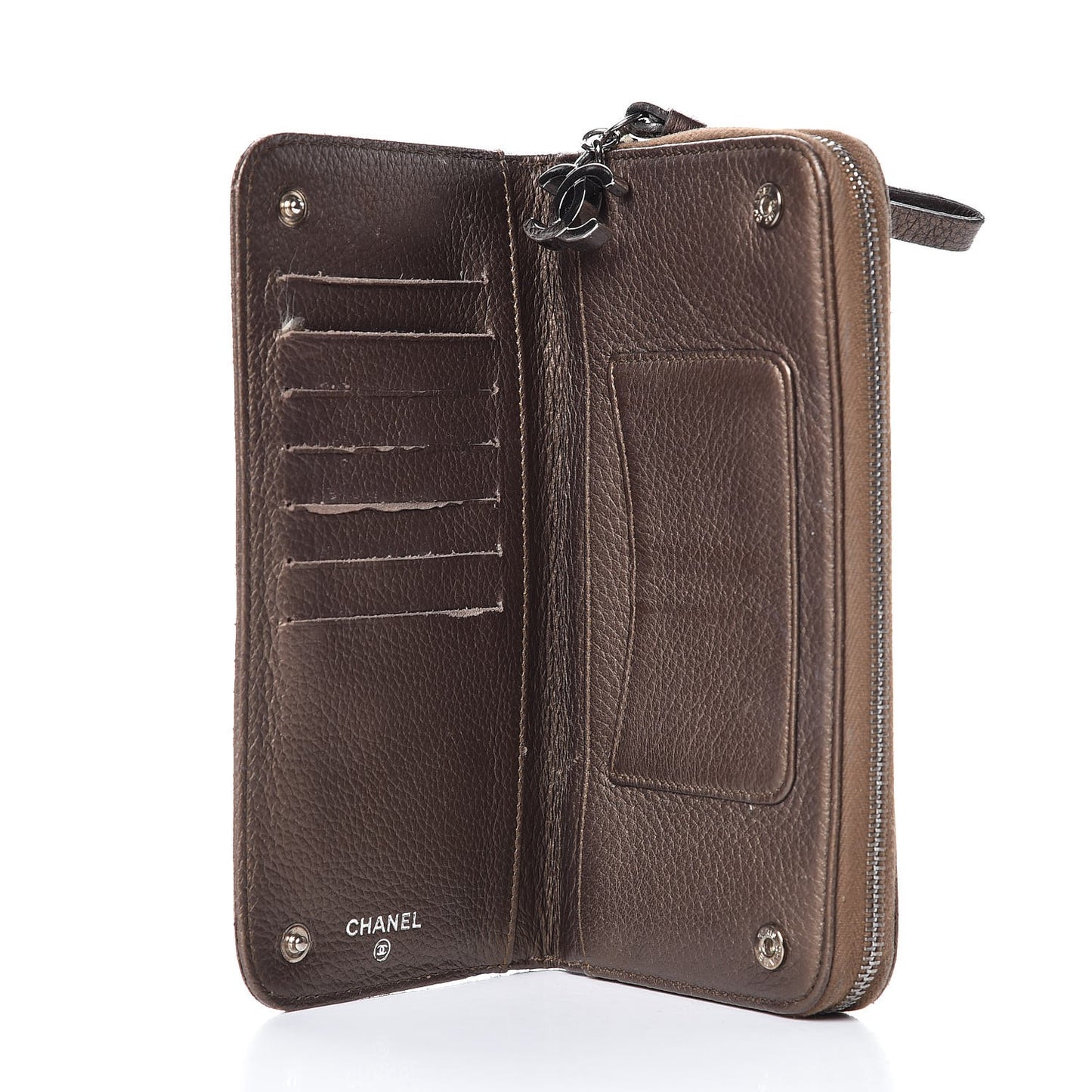 Metallic Calfskin Large Timeless Zip Around Wallet Brown