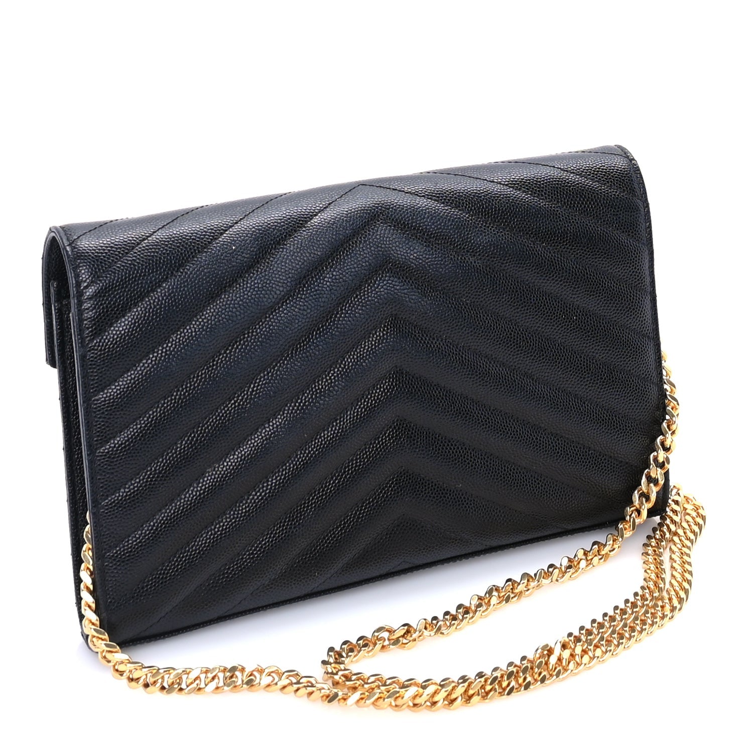 Saint Laurent Grain De Poudre Matelasse Chevron Medium Monogram Chain Wallet  Black 2 of 7