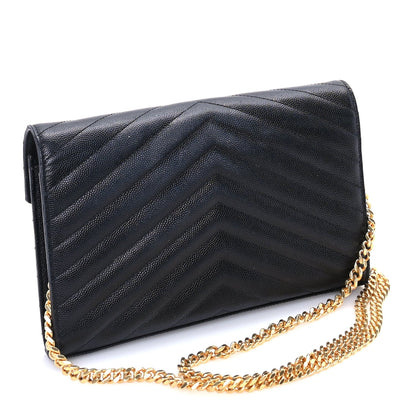 Saint Laurent Grain De Poudre Matelasse Chevron Medium Monogram Chain Wallet  Black 2 of 7