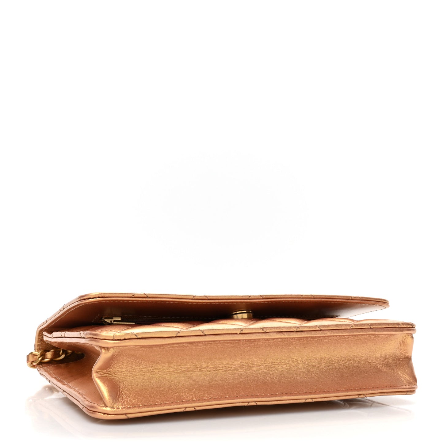 Metallic Lambskin Quilted Wallet On Chain WOC Golden