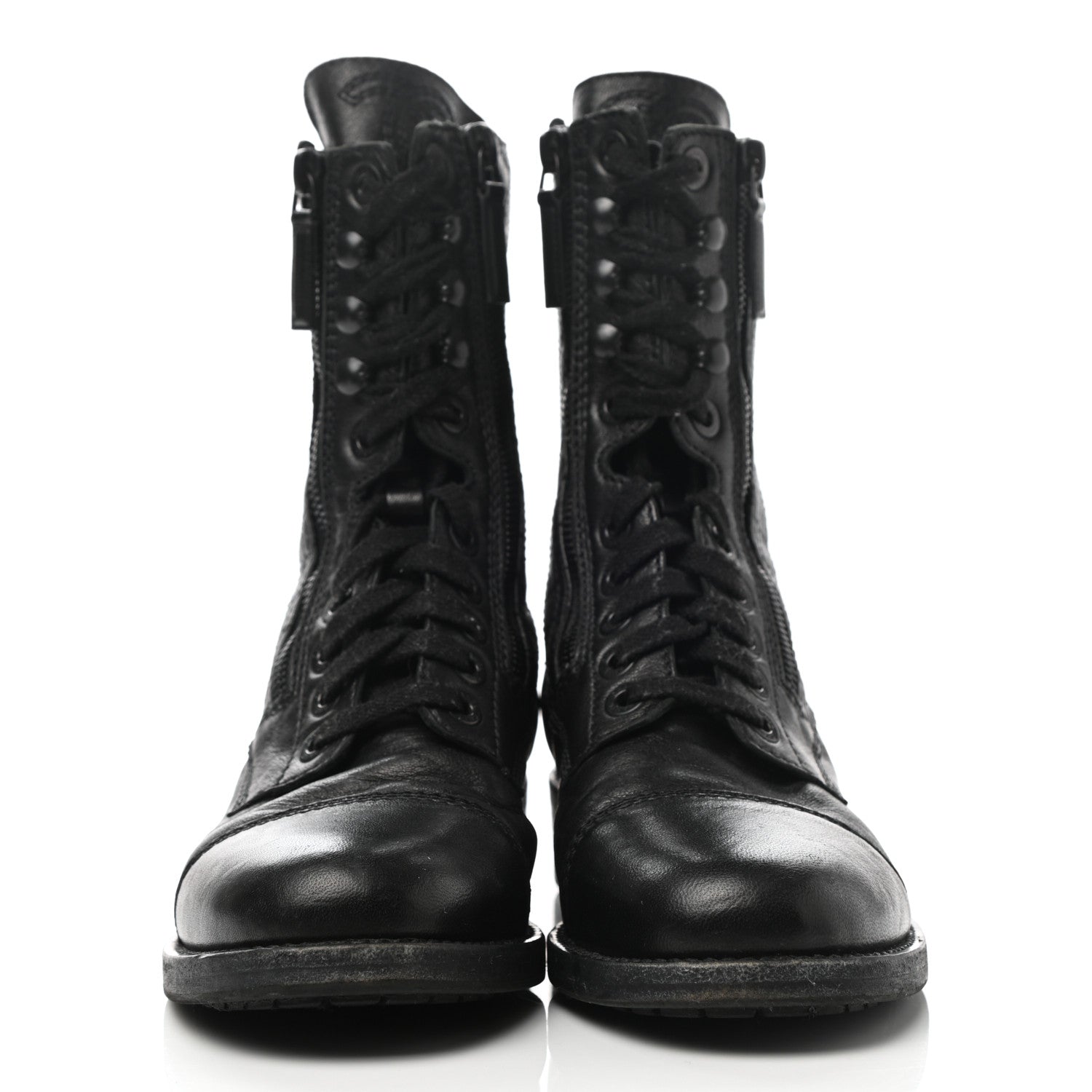 Chanel Sheepskin Quilted CC Tall Lace Up Combat Boots 38 Black 2 of 10