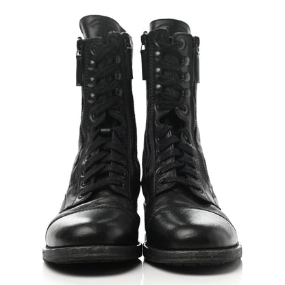 Chanel Sheepskin Quilted CC Tall Lace Up Combat Boots 38 Black 2 of 10