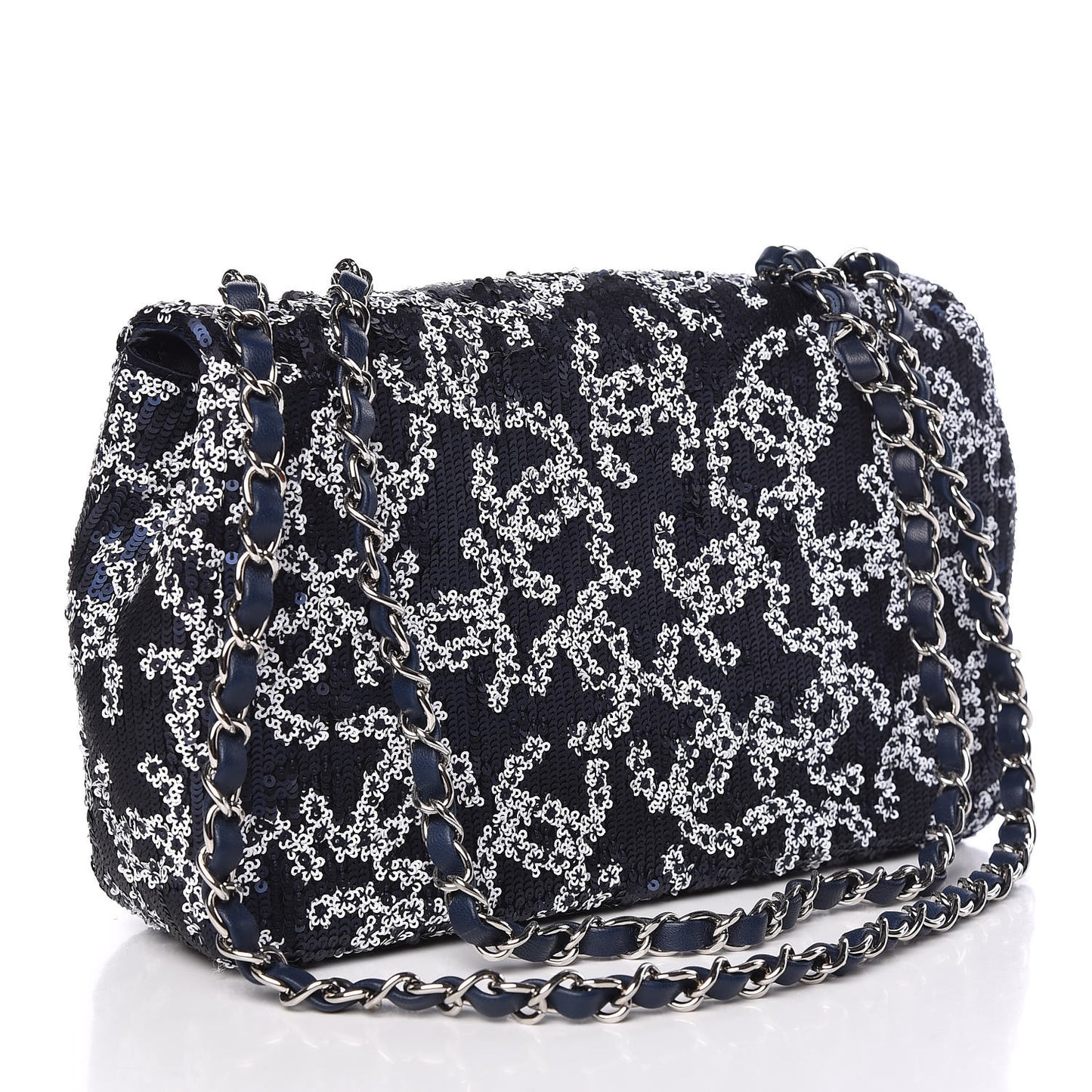 Lambskin Sequins Medium Single Flap Navy Blue White