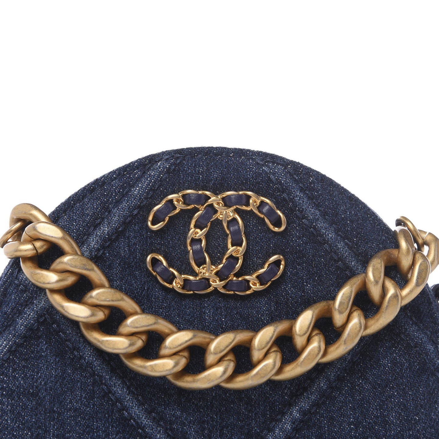 Denim Quilted Chanel 19 Round Clutch With Chain Blue