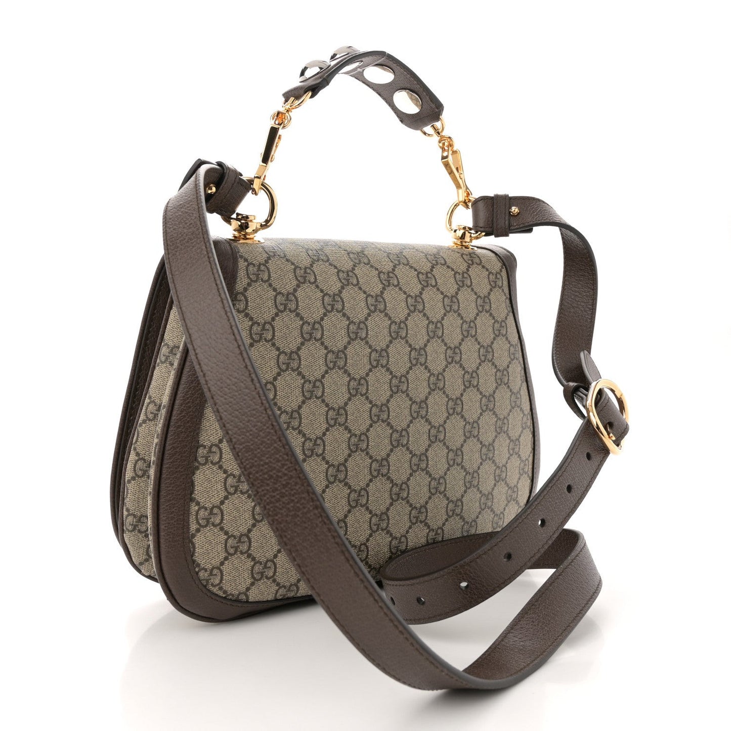 GG Supreme Monogram Textured Dollar Calfskin Web Medium Blondie Top Handle Shoulder Flap Bag Beige Ebony New Acero