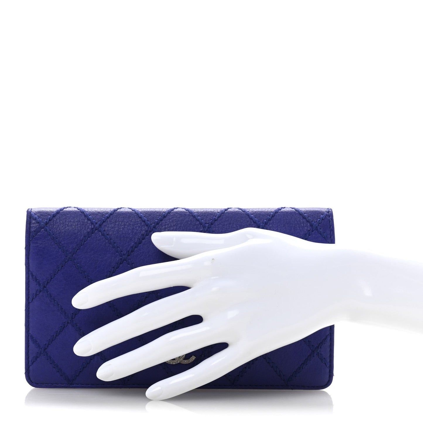 Calfskin Stitched Fancy CC Yen Wallet Blue