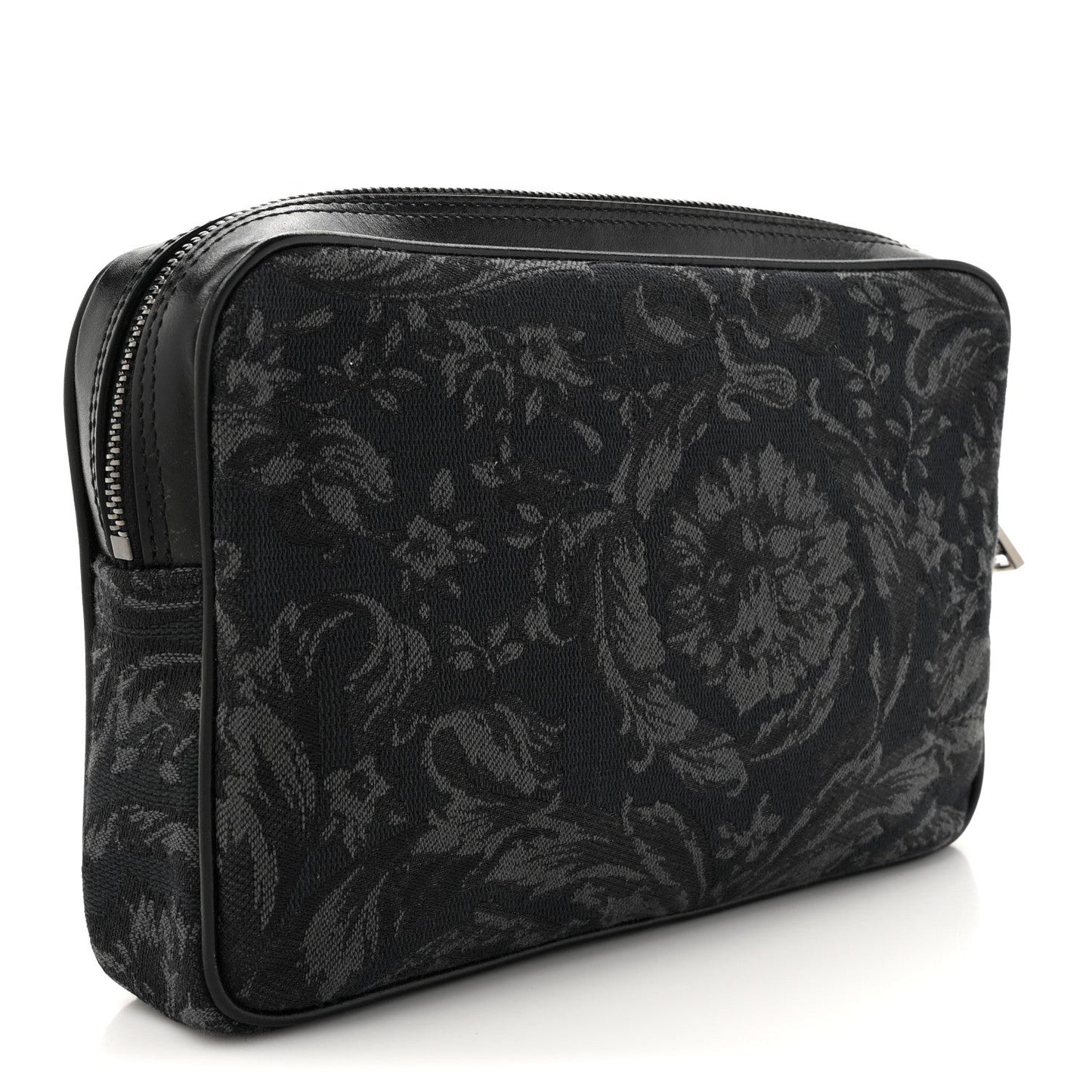 Fabric Jacquard Calfskin Barocco Wristlet Pouch Black