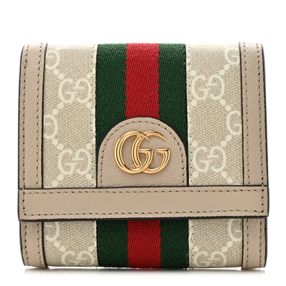 Gucci GG Supreme Monogram Textured Dollar Calfskin Web Ophidia Card Case Wallet Beige Mystic White Oatmeal 1 of 9