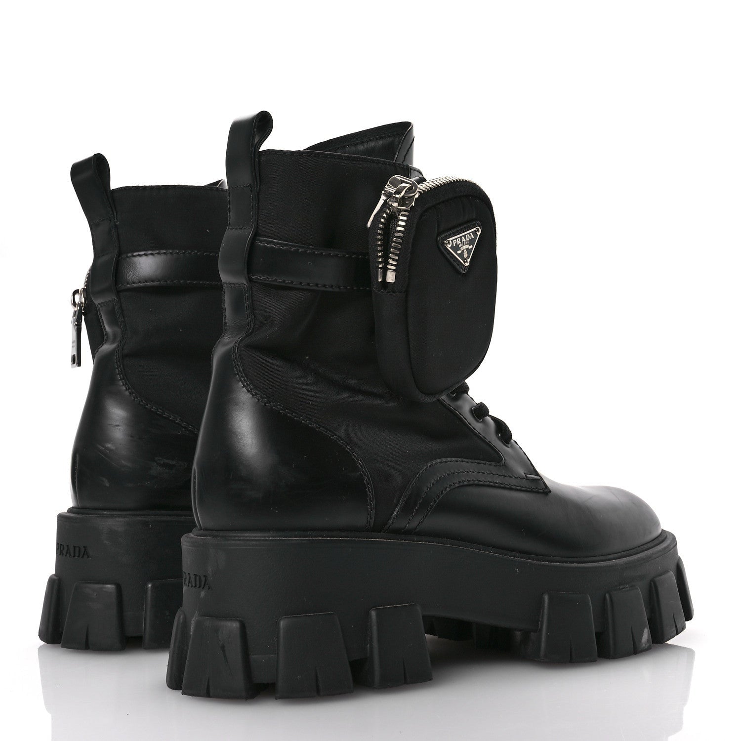 Prada Spazzolato Rois Nylon Metal Triangle Logo Monolith Pouch Pocket 55mm Boots 38.5 Black 5 of 7