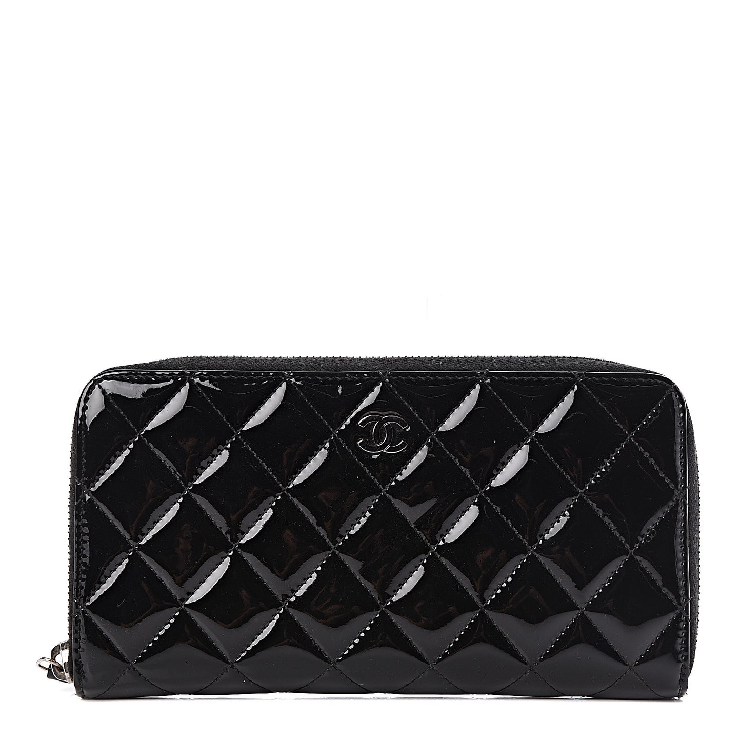 Patent Quilted Zip Around Wallet Black