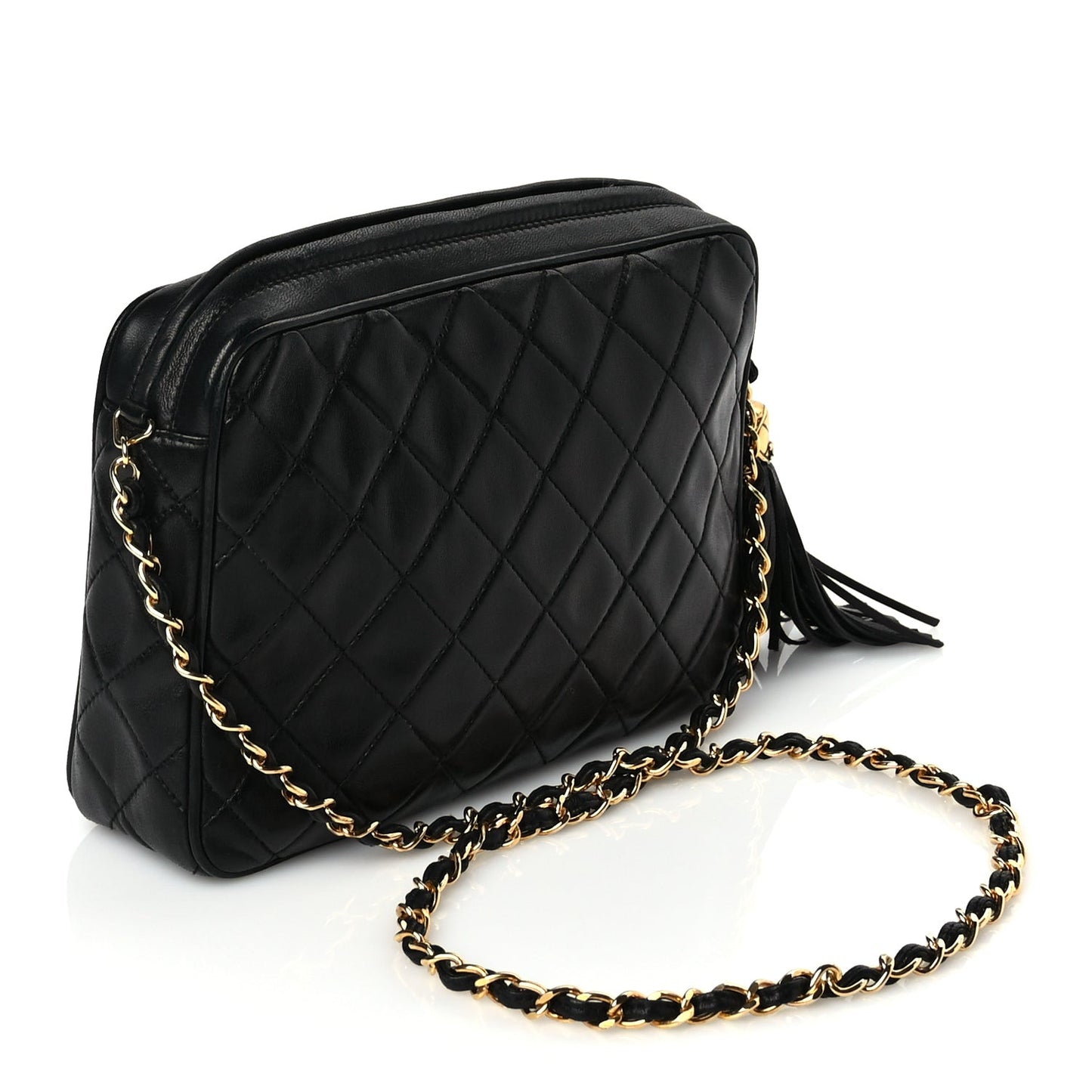 Lambskin Quilted CC Tassel Flap Camera Case Black