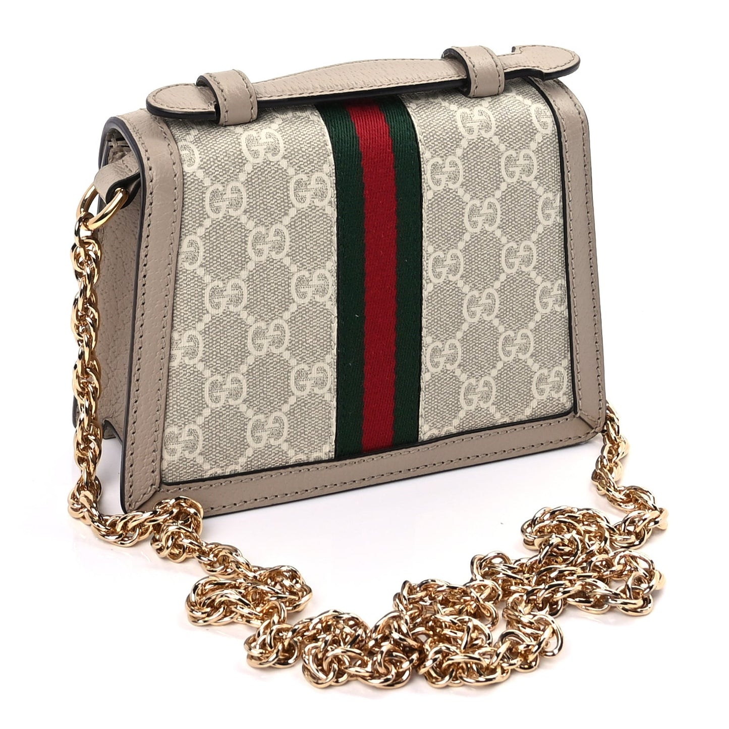 GG Supreme Monogram Textured Dollar Calfskin Web Mini Ophidia Padlock Top Handle Chain Shoulder Bag Beige Mystic White Oatmeal