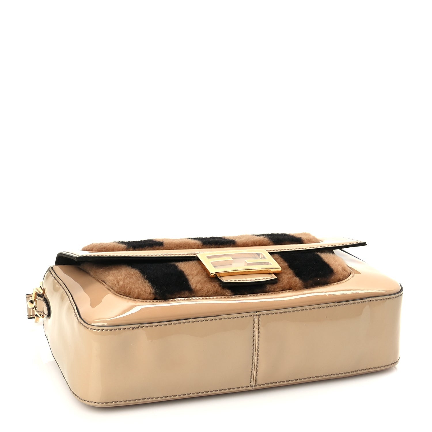 Fendi Shearling Vitello Vernice Mou Pequin Striped Baguette  Tobacco Black Tortora 3 of 8