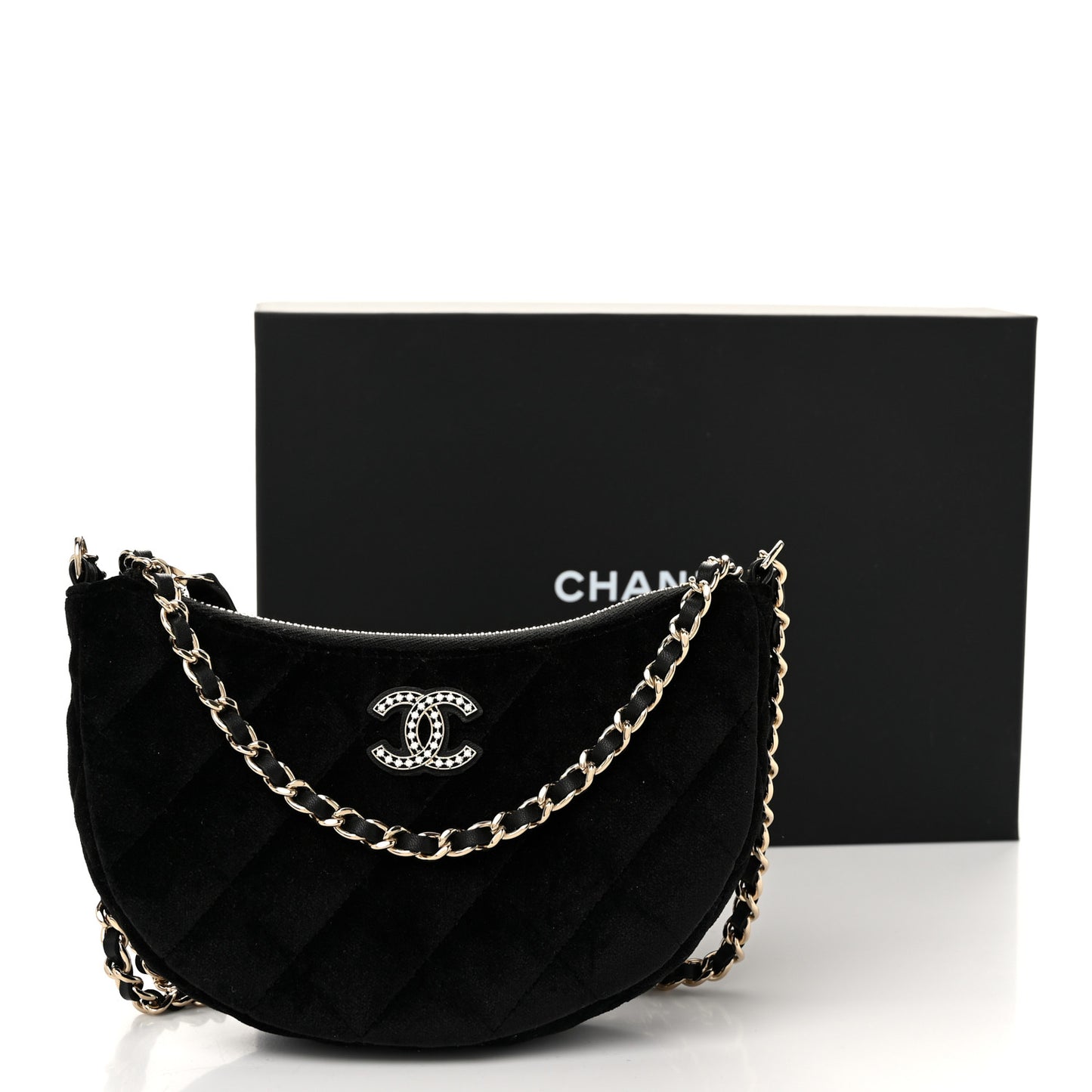 Velvet Crystal Quilted Chain Hobo Black
