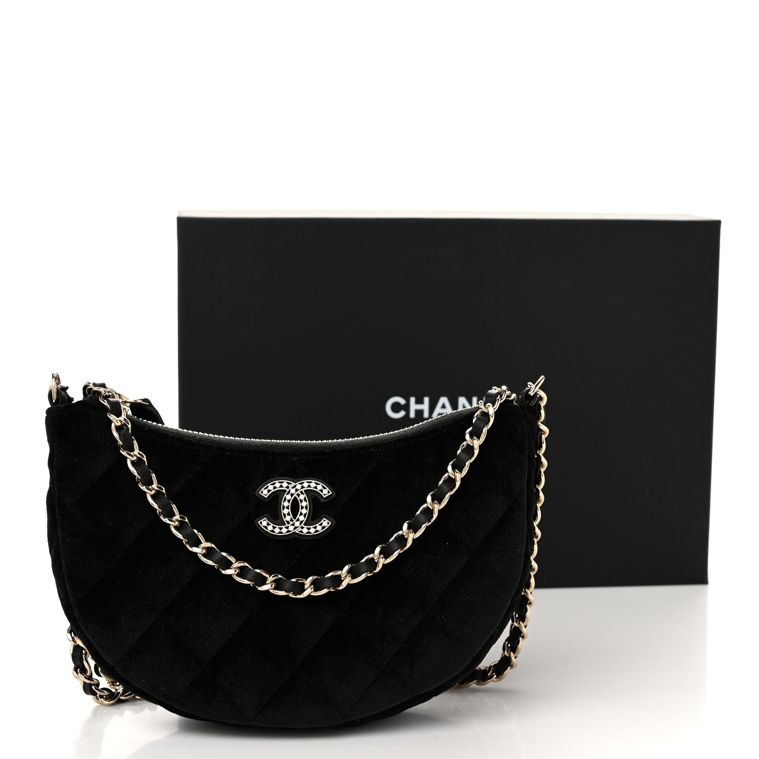 Chanel Velvet Crystal Quilted Chain Hobo Black 12 of 12