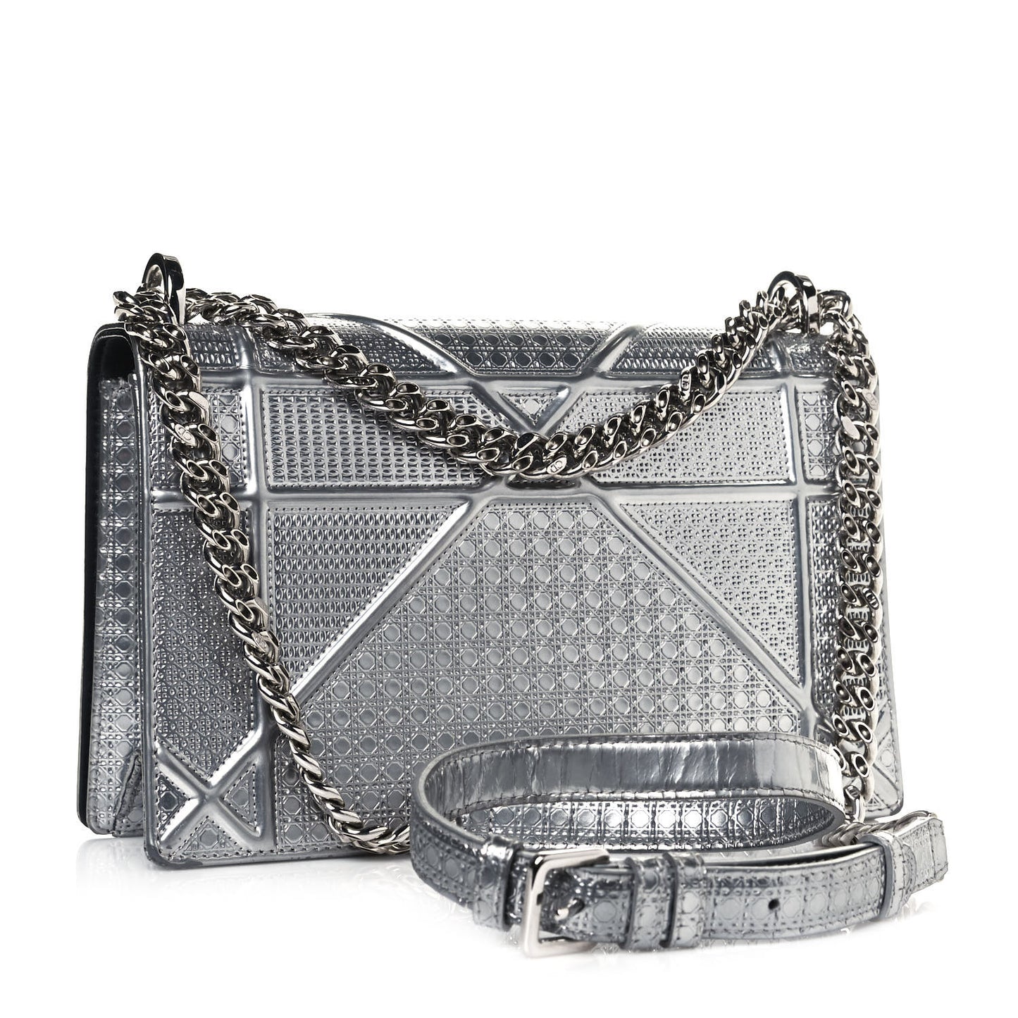 Metallic Patent Micro-Cannage Medium Diorama Flap Bag Silver