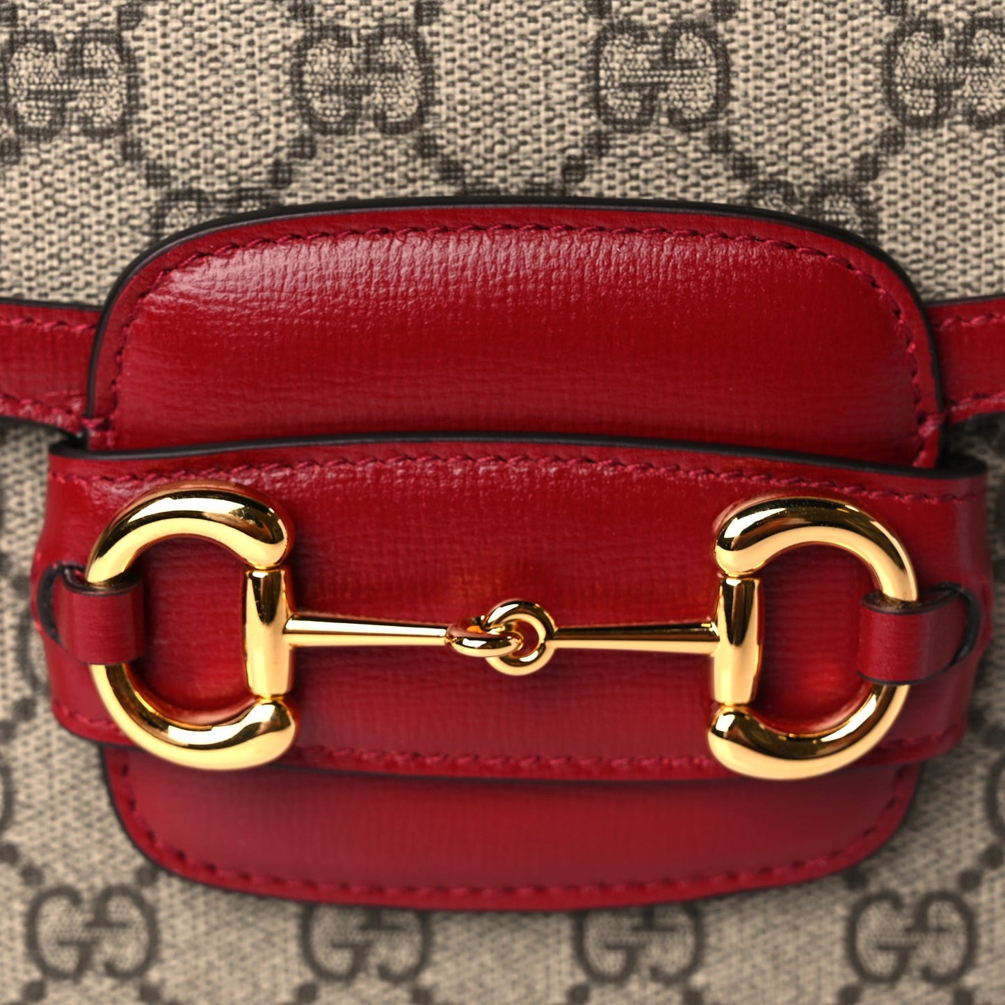 GG Supreme Monogram Azalea Calfskin Horsebit 1955 Shoulder Bag Beige Ebony New Cherry Red