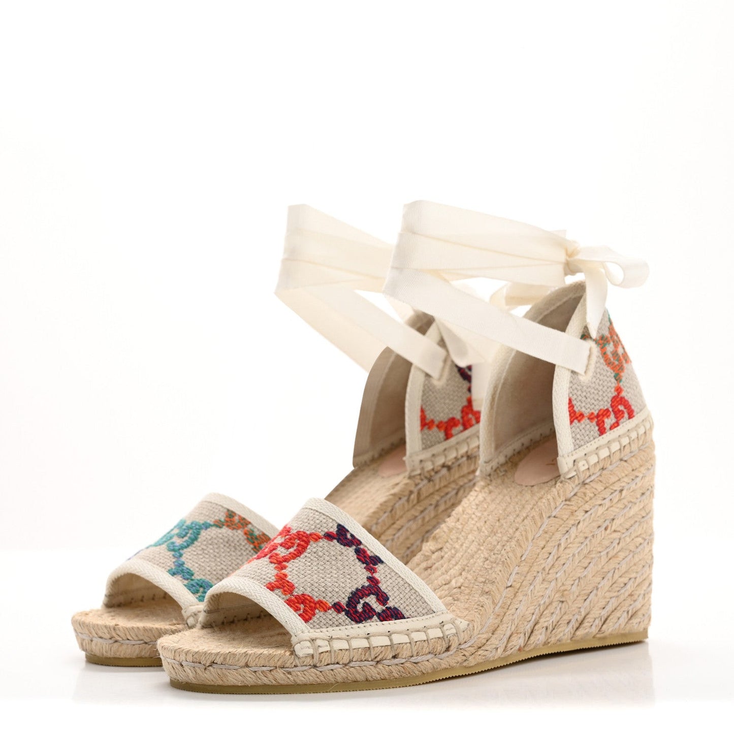 Linen Psychedelic Mini GG Monogram Ankle Wrap Platform Espadrille Wedge Sandals 39 Multicolor Mystic White