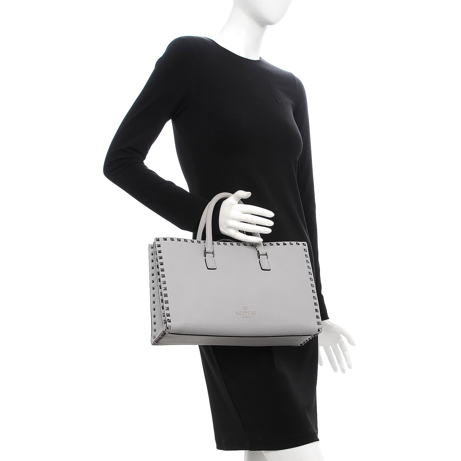 Valentino Garavani Grained Calfskin Medium Rockstud Double Handle Horizontal Tote Pastel Grey 3 of 9