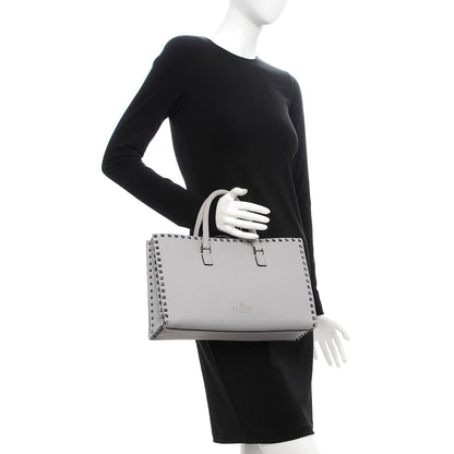 Valentino Garavani Grained Calfskin Medium Rockstud Double Handle Horizontal Tote Pastel Grey 3 of 9