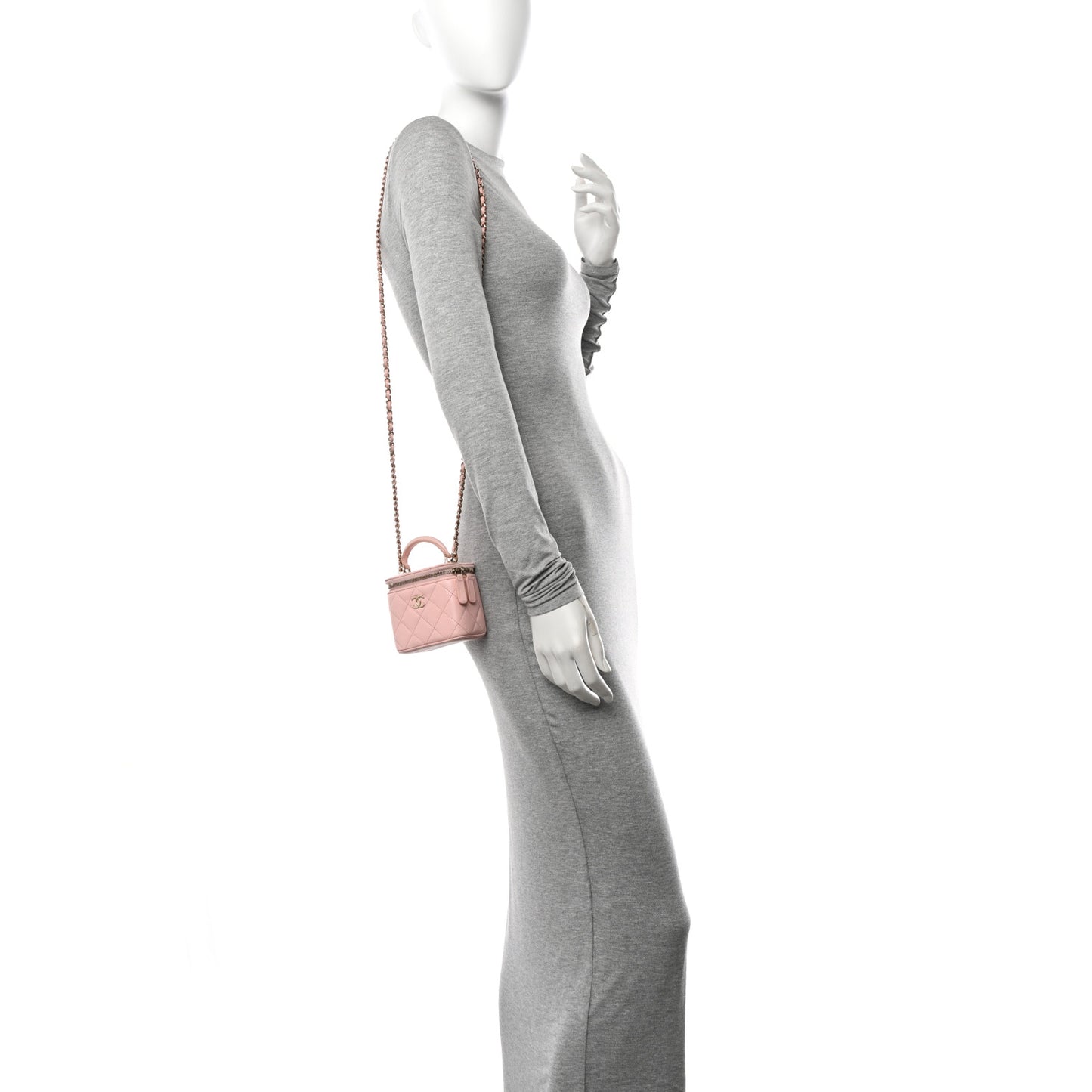 Lambskin Quilted Mini Top Handle Vanity Case With Chain Light Pink