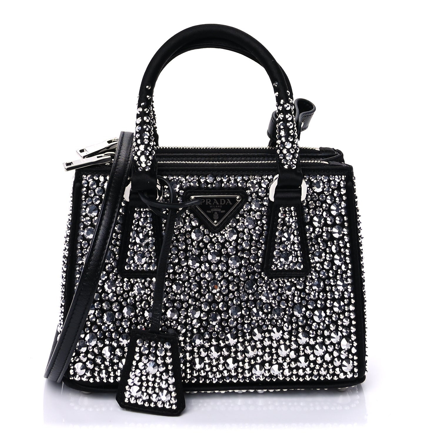 Prada Satin Crystal Mini Galleria Double Zip Tote Metal Black 1 of 8