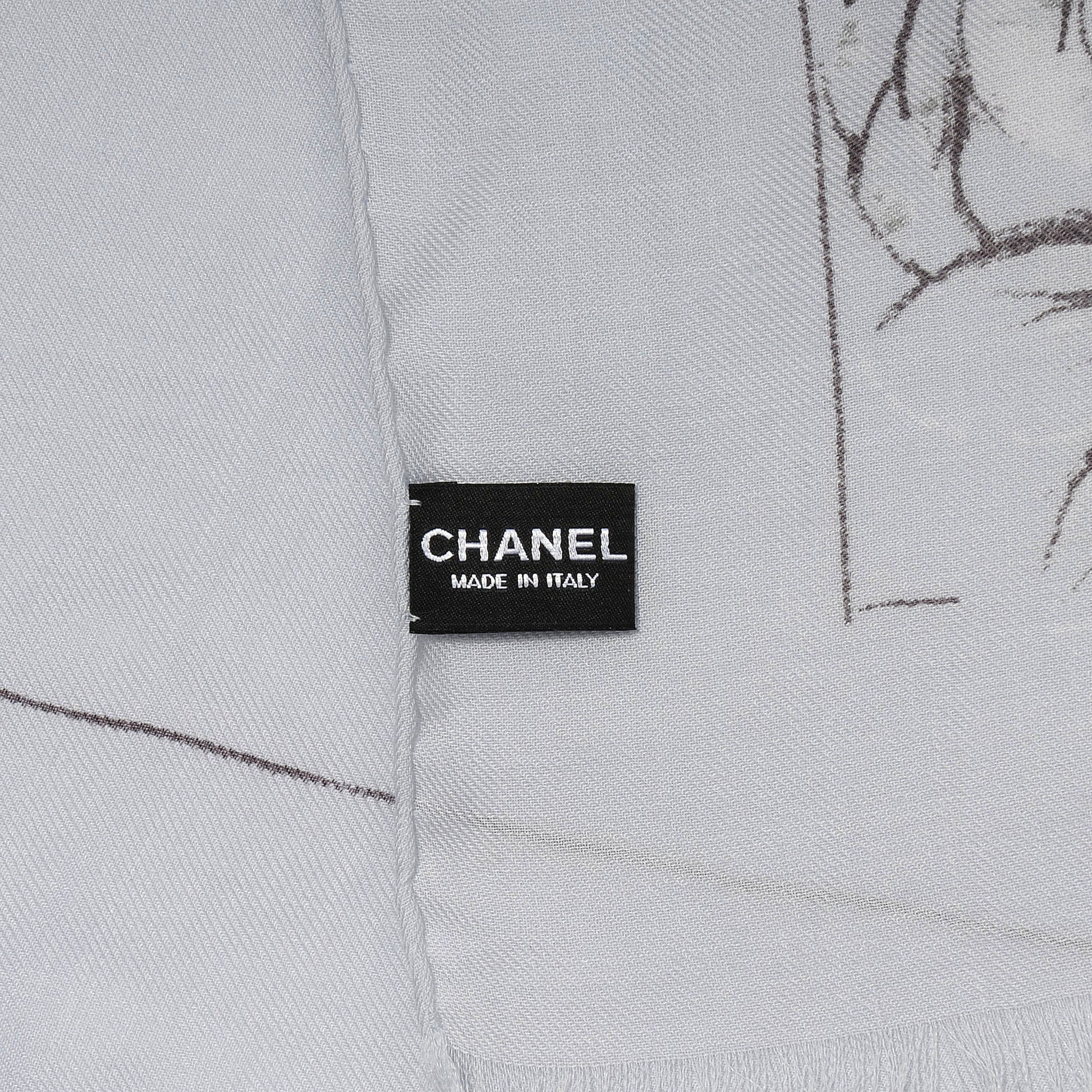 Chanel Cashmere Silk Logo Camellia Scarf Shawl Pale Blue 4 of 5