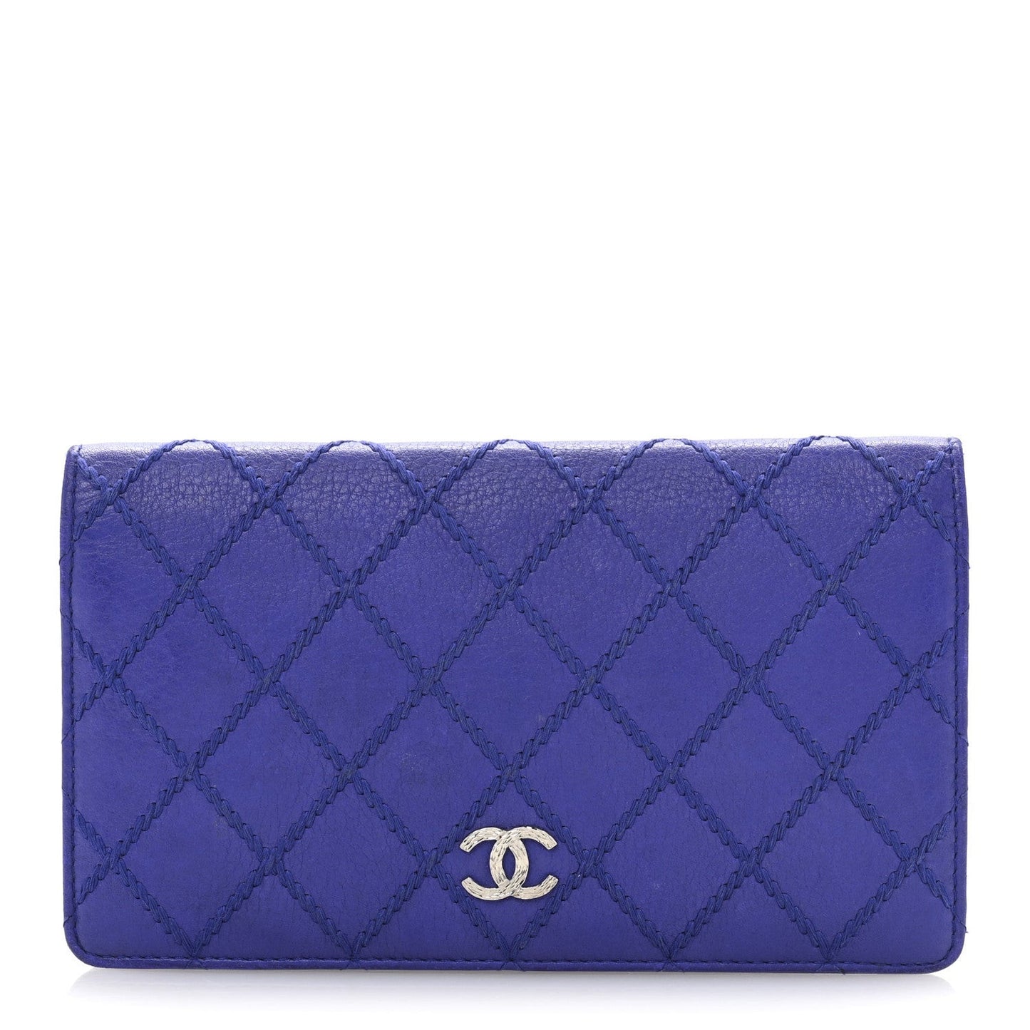 Calfskin Stitched Fancy CC Yen Wallet Blue