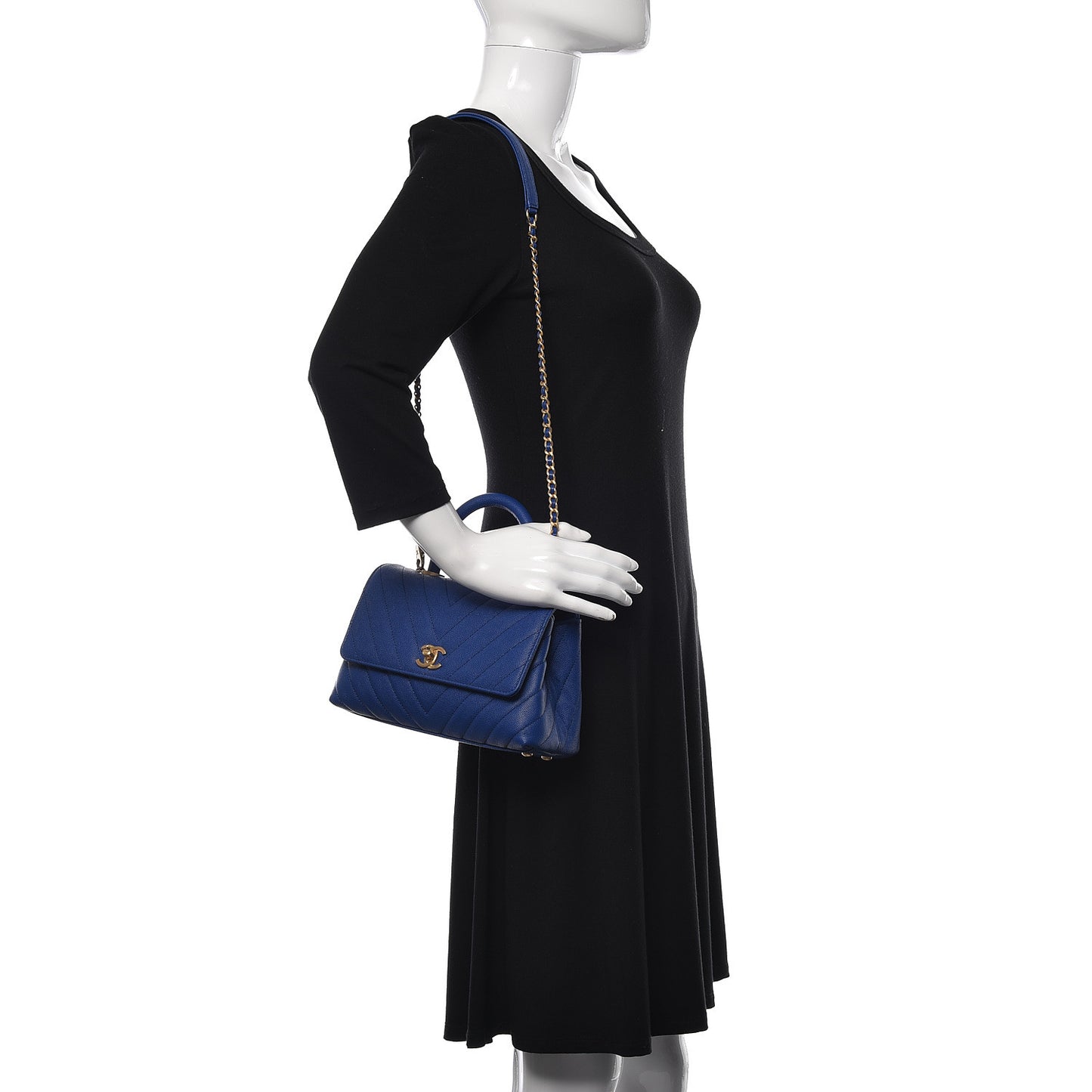 Caviar Chevron Quilted Mini Coco Handle Flap Blue