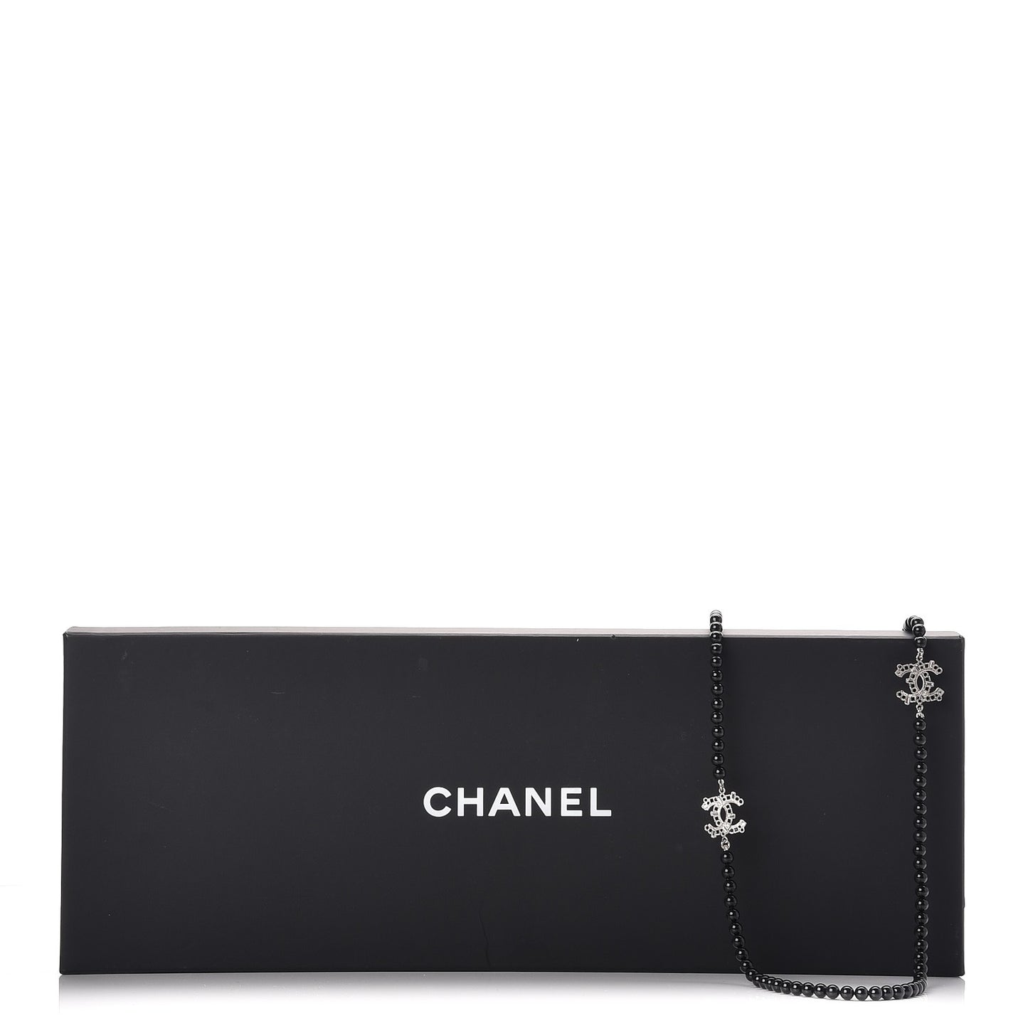 Baguette Crystal Beaded CC Long Necklace Black Silver