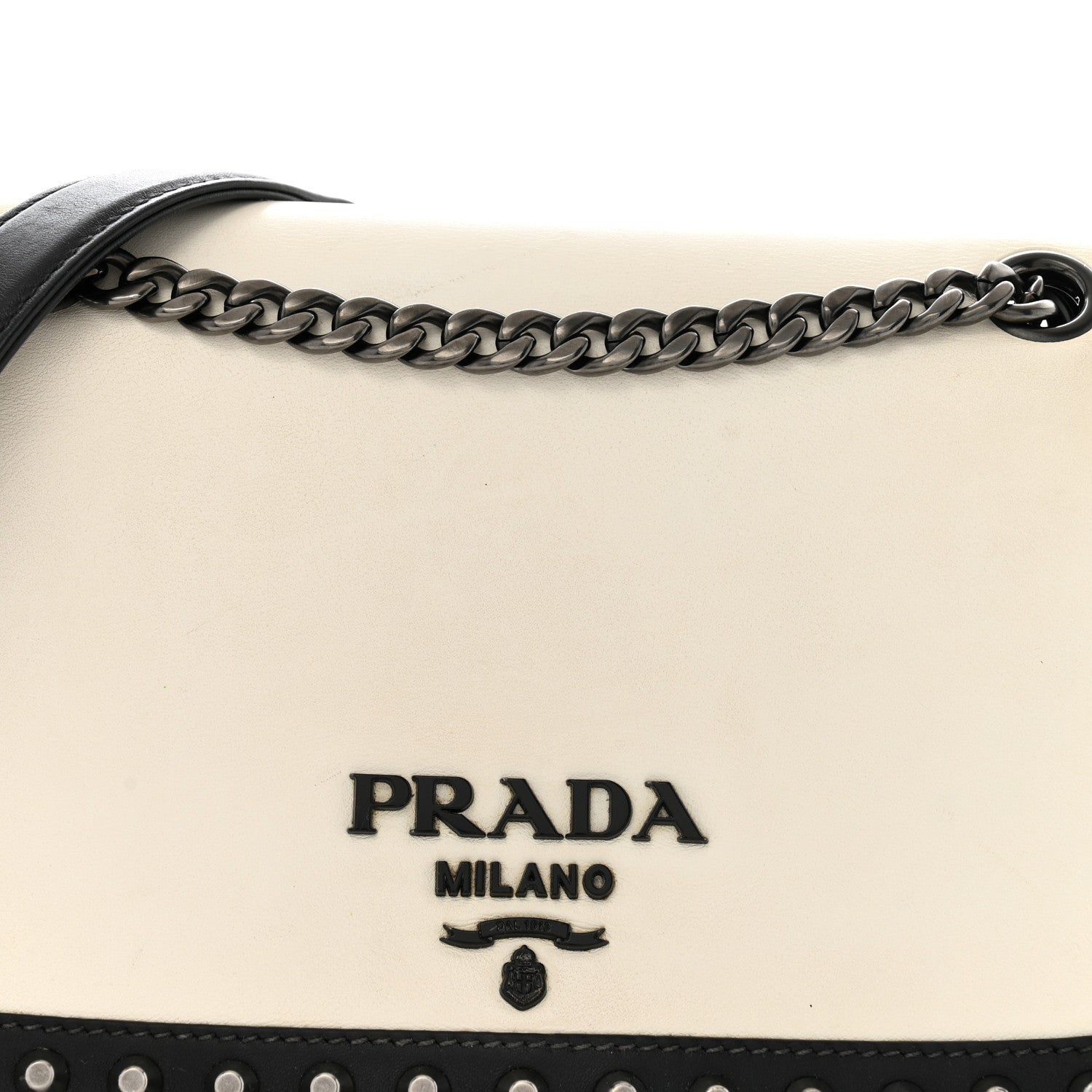 Prada Glace Calfskin Studded Crossbody White Black 7 of 7