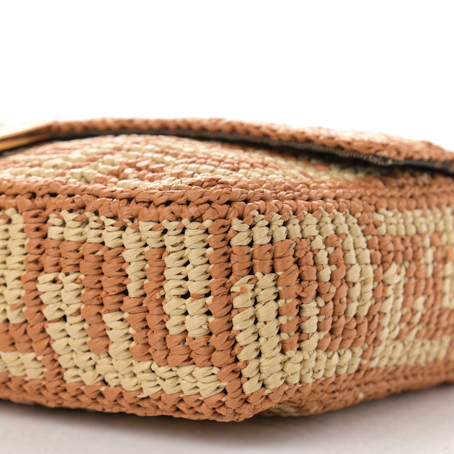 Raffia Vitello Seta FF Woven Large Baguette Brick Natural