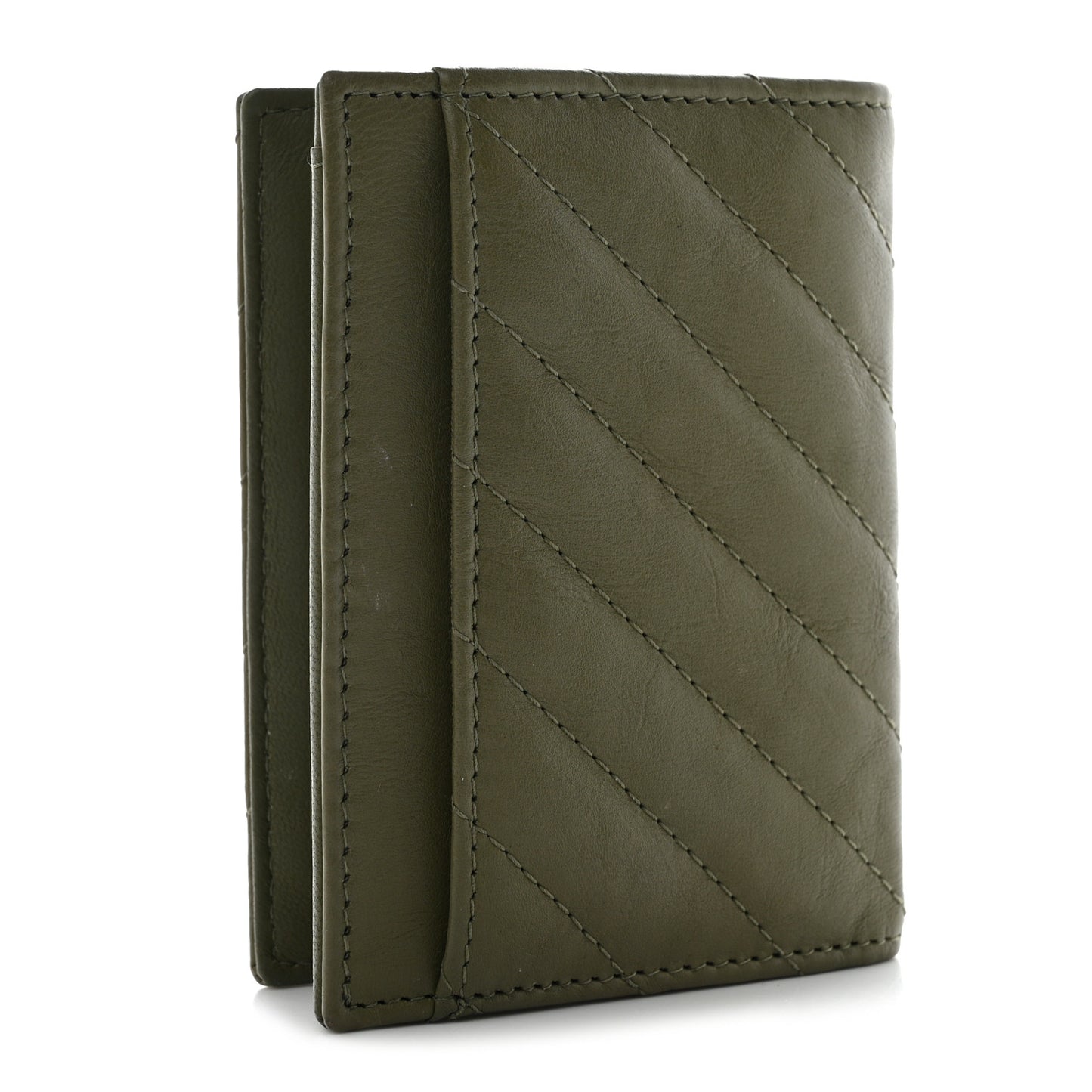 Calfskin Chevron Quilted Card Holder Wallet Khaki