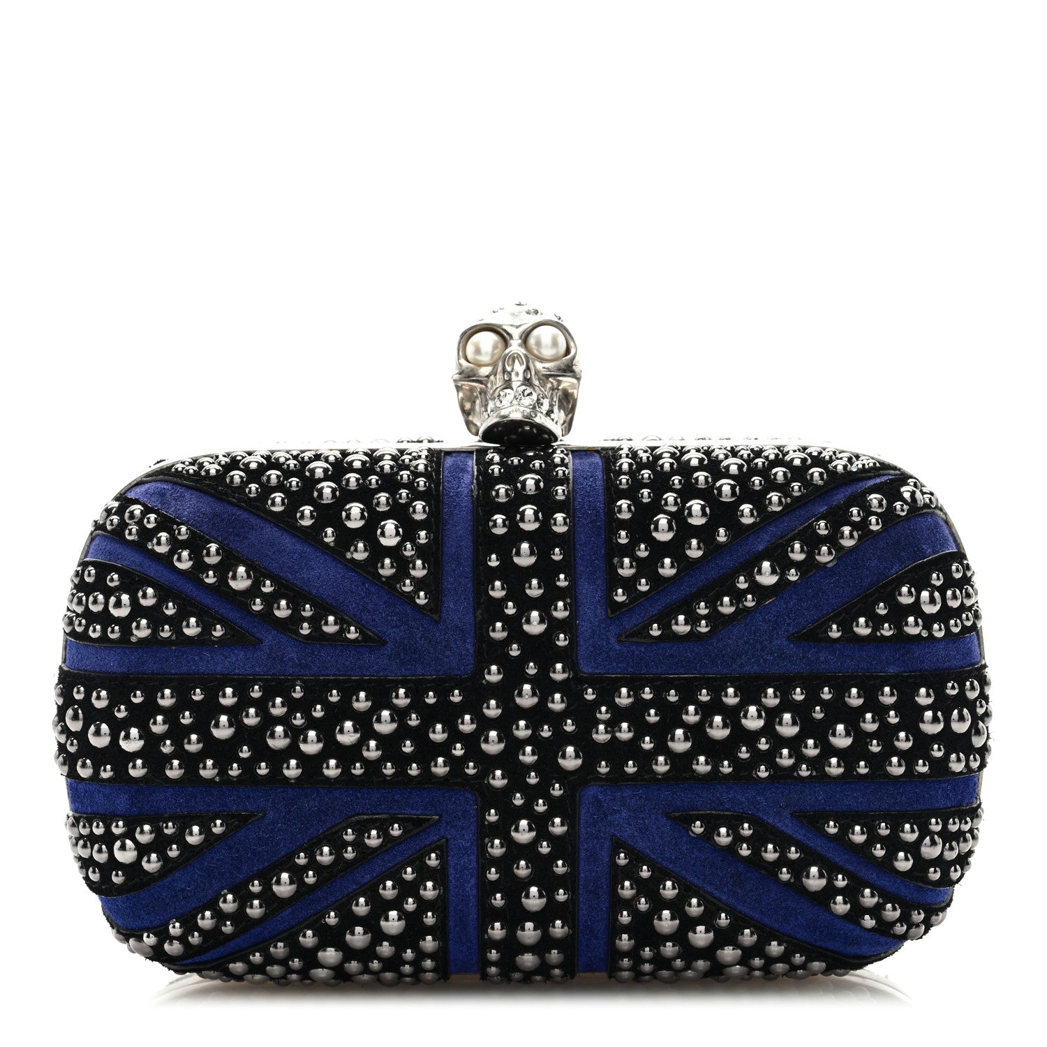 Alexander McQueen Suede Studded Britannia Skull Box Clutch Blue Black 1 of 6