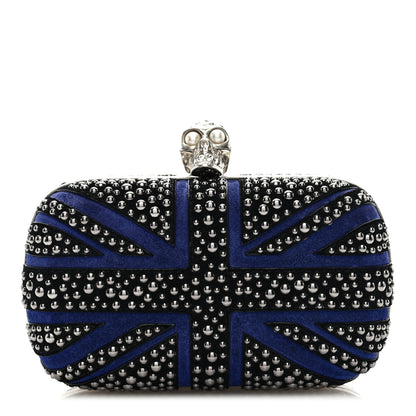 Alexander McQueen Suede Studded Britannia Skull Box Clutch Blue Black 1 of 6