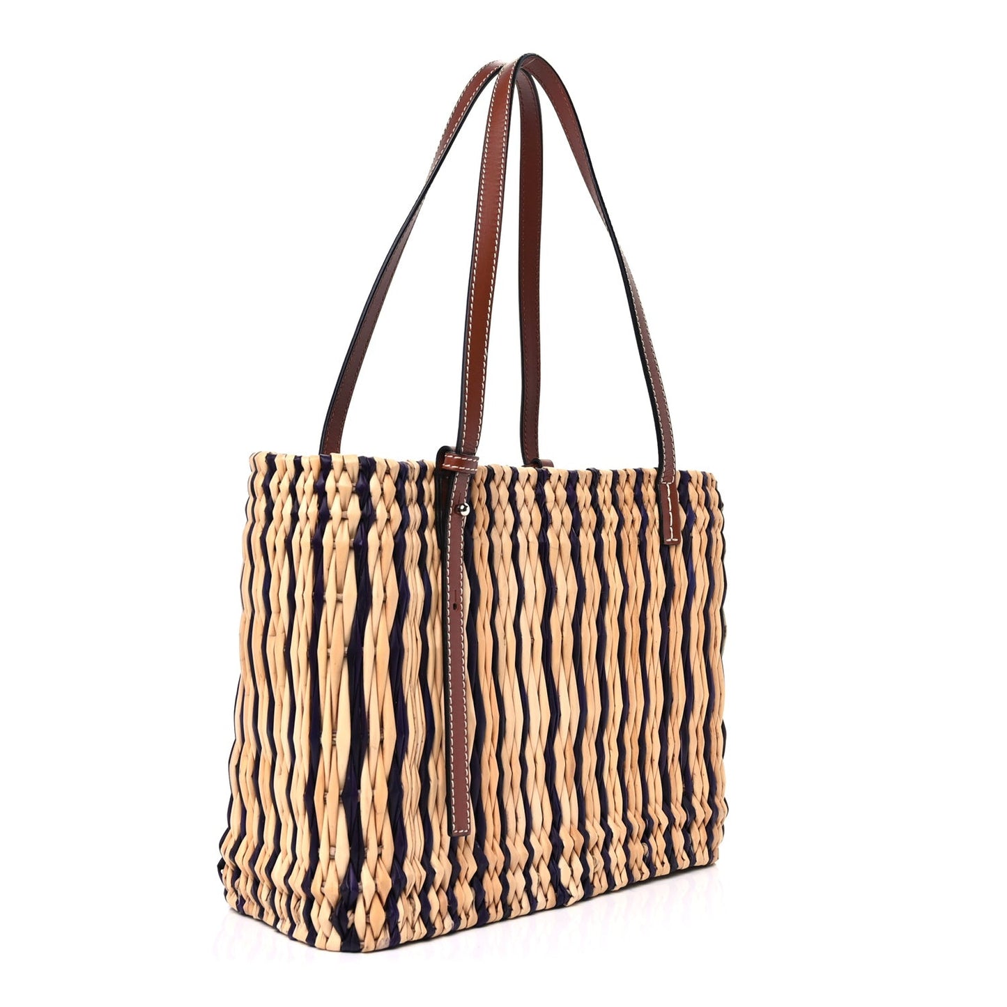 Reed Square Small Basket Tote Bag Natural Pecan Blue