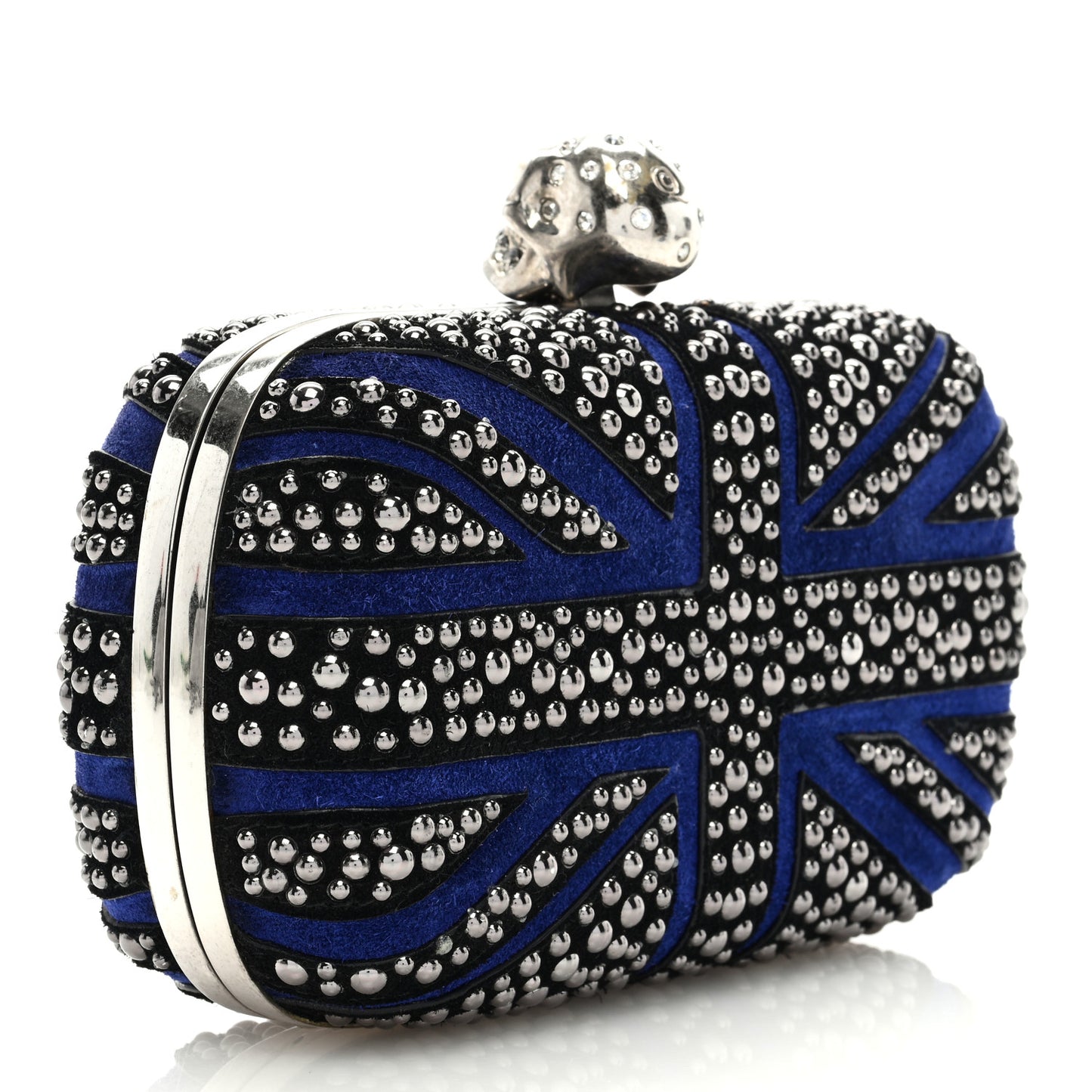 Suede Studded Britannia Skull Box Clutch Blue Black