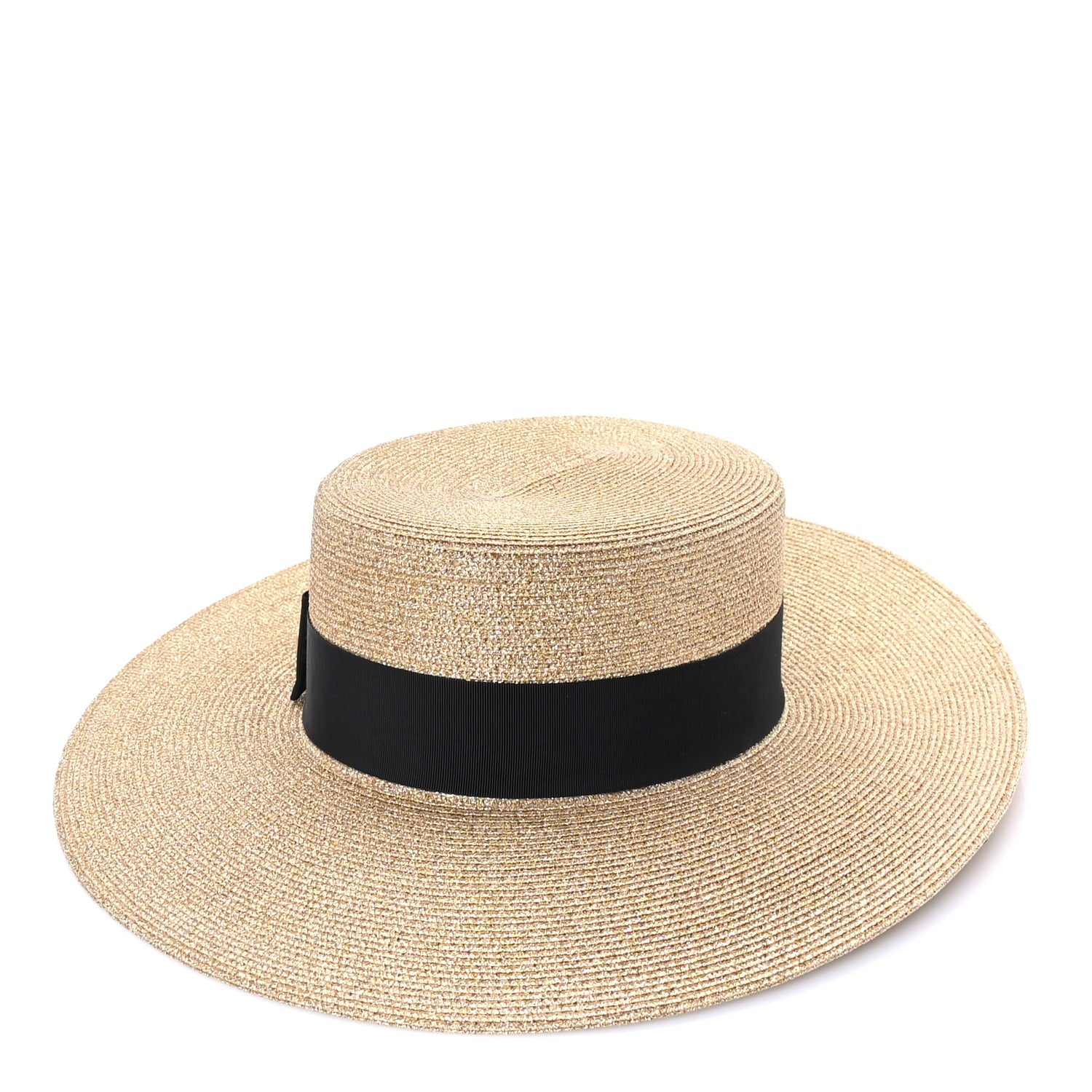Gucci Glittered Straw Grosgrain Wide Brim Hat M  Gold Black 1 of 7