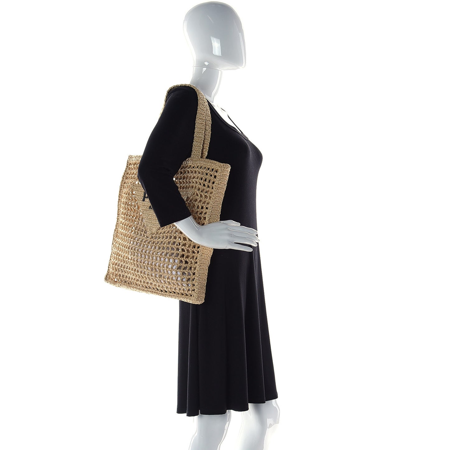 Yarn Raffia Effect Crochet Logo Embroidered Tote Bag Naturale