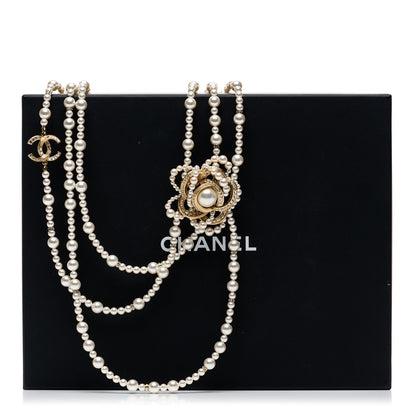 Chanel Pearl Crystal CC Camellia Multi Strand Necklace Gold White 6 of 6