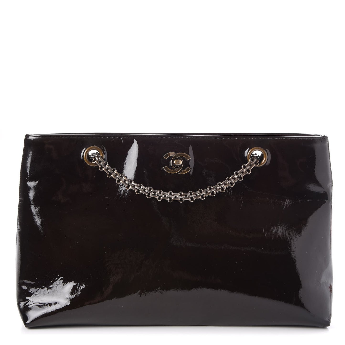 Patent Bijoux Chain Shoulder Bag Brown